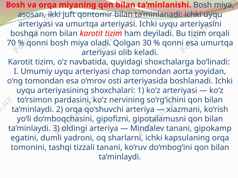 bu soha vertebrobazillar tizim deb ataladi. 1. orqa miya arteriyasi — bu arteriya orqa miyani qon bilan ta’minlaydi. 2. oldingi orqa miya arteriyasi — bu ham orqa miyani qon bilan ta’minlaydi. 3. pastki orqa miyacha arteriyasi — bu arteriya uzunchoq miyani, miyachani qon bilan ta’minlaydi. 4. asosiy arteriya — «bazillar arteriya» 2 ta umurtqa arteriyasi — vorolev ko‘prigi ustida birlashadi. a. oldingi pastki miyacha arteriyasi — bu, o‘z navbatida, 8 juft nervlarning yadrosini, ichki quloqni qon bilan ta’minlaydi. b. miyacha tepa arteriyasi — vorolev ko‘pirigini, miya oyoqchalarini, 4 tepalikning orqa tepachasini, o‘rta miyachaning oyoqla- rini, 3 va 4-qorinchalarni qon bilan ta’minlaydi. v. orqa miya arteriyasi esa o‘rta miyani, 4 tepalikning oldingi tepachalarini qon bilan ta’minlaydi. chuqur shoxchalari talamusni, qadoqsimon tanani, lyusova tanani, gipofizni, tizzali tanani, yon qorincha chigalini qon bilan ta’minlaydi. karotit va vertibrobazillar qontomirlar tutashgan joy villizov aylanmasi deb ataladi. bosh miyada qon aylanishining buzilishini keltirib chiqaruvchi asosiy sabablar …