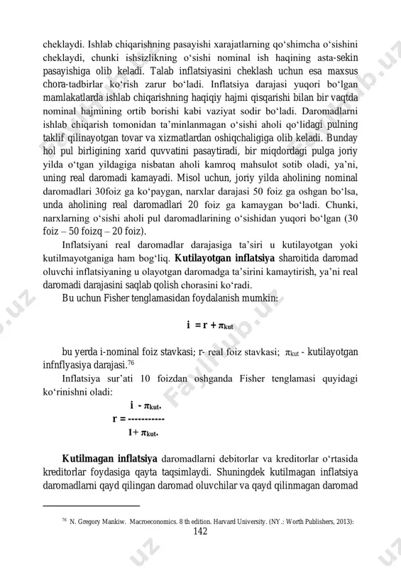 holari oshib boradi. hatto ish bilan bandlik va yaim ishlab chiqarish kamaygan yillari tovarlarning bahosi oshadi. yalpi taklif qisqarishining asosiy sababi mahsulot birligiga sarflangan xarajatlarning o‘sishi hisoblanadi. bunda nominal ish haqi, xom ashyo va yoqilg‘i narxlarining oshishi natijasida ishlab chiqarish tannarxi ham oshadi. taklif inflatsiyasining kelib chiqishiga, shuningdek, taklif mexanizmining buzilishi ham ta’sir qiladi. taklif mexanizmi esa tasodifiy holda asosiy ishlab chiqarish omillari bahosining keskin ko‘payishidan kelib chiqadi. iqtisodchi olimlarning fikriga ko‘ra, taklif inflatsiyasi o‘z-o‘zini 142 cheklaydi. ishlab chiqarishning pasayishi xarajatlarning qo‘shimcha o‘sishini cheklaydi, chunki ishsizlikning o‘sishi nominal ish haqining asta-sekin pasayishiga olib keladi. talab inflatsiyasini cheklash uchun esa maxsus chora-tadbirlar ko‘rish zarur bo‘ladi. inflatsiya darajasi yuqori bo‘lgan mamlakatlarda ishlab chiqarishning haqiqiy hajmi qisqarishi bilan bir vaqtda nominal hajmining ortib borishi kabi vaziyat sodir bo‘ladi. daromadlarni ishlab chiqarish tomonidan ta’minlanmagan o‘sishi aholi qo‘lidagi pulning taklif qilinayotgan tovar va xizmatlardan oshiqchaligiga olib keladi. bunday hol pul birligining xarid quvvatini pasaytiradi, bir …