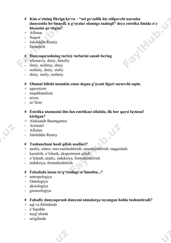 ushunchalardan qaysilari manfiy-salbiy tushuncha hisoblanadi? + aqlsiz, be’mani - kiyim, poyafzal - makon, zamon - modda, ong # "etika" atamasini birinchi bo‘lib muomalaga kiritgan faylasuf + arastu - demokrit - aflotun - suqrot # mantiq ilmi asoschisini ya’ni, mantiq qonunlarini ochgan birinchi faylasuf olimni aniqlang. + aristotel - forobiy - ibn sino - diogen # qaysi alloma mantiqni "chin fikrni xato fikrdan ajratuvchi " fan deb ta’riflagan? + aristotel - platon - suqrot - demokrit # formal mantiq faninning asoschisi kim? + aristotel - pifagor - fales - suqrot # “birinchi analitika” va “ikkinchi analitika” asarlarining muallifi kim? + aristotel - suqrot - geraklit - aflotun # jamiyat, zamon insoniyat tarixi uchun namuna bo‘la oladigan ijobiy hatti- harakatlar yig‘indisi qanday ataladi? + axloq - odob - etika - qonun # suqrot, aflotun, farobiy kabi qadimgi faylasuflar ichki go‘zallik deya nimaga ta’rif berishgan? + axloqiylikka - logika - psixologiya - huquqshunoslikka …