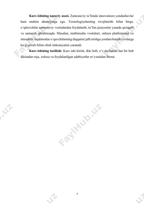 i mazmuni 1.1. ta’lim metodlari, shakllari va vositalari boshlang‘ich sinflarda interfaol metodlar va ta’limiy o‘yinlardan, zamonaviy axborot-kommunikatsiya texnologiyalaridan foydalanish o‘quvchilarni mustaqil fikrlashga, ijodiy izlanish va mantiqiy fikrlash doiralarini kengaytirish bilan birga ularni darslarda o‘rganganlarini hayot bilan bog‘lashga, qiziqishlarini oshirishga yordam beradi. o‘qituvchilarning bunday zamonaviy talablar asosida yaratilgan sharoitlardan samarali foydalanib, darslarni ilg‘or pedagogik hamda axborot kommunikatsiya texnologiyalari asosida tashkil etilishi ta’lim-tarbiya jarayonini sifatini kafolatlaydi. bizningcha, ta’limiy o‘yinlarga qo‘yiladigan asosiy talablar quyidagilardan iborat: 1. ta’limiy o‘yinlar o‘quvchilar yoshiga mos bo‘lishi kerak; 2. o‘yinlar o‘tilayotgan mavzu mazmun-mohiyatiga mutanosib bo‘lishi lozim; 3. ta’limiy o‘yinlarni o‘tkazish vaqti aniq belgilanishi shart; 4. ta’limiy o‘yinlar ham ta’limiy, ham tarbiyaviy ahamiyatga ega bo‘lishi kerak; 5. ta’limiy o‘yinlarning o‘tkazilish maqsadi, ahamiyati belgilanishi lozim. yuqoridagi talablarga amal qilingandagina dars samaradorligi ortadi va zamonaviy texnologiyalar ta’lim samaradorligiga xizmat qiladi.[footnoteref:3] [3: ibragimova g.n. interfaol o‘qitish metodlari va texnologiyalari talabalarning kreativlik qobiliyatlapini rivojlantirish. i monografiya. - t.: «fan va texnologiyalar», 2016. -77-b.] …