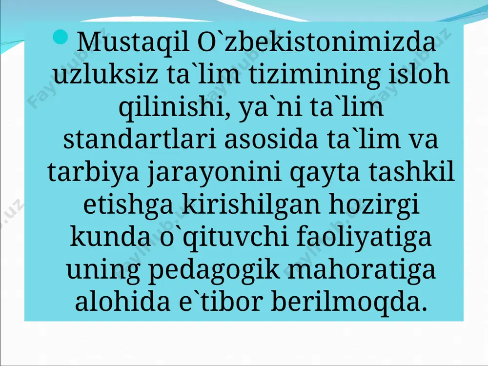 mlari orasida muhim o’rinni egallaydi. chunonchi, o’quvchilar bilan albatta xushmuomalada bo’lish, dilkashlik o’quvchi shaxsiga prinsipial yondashishning yuqori darajada bo’lishi, o’zining birorta ham o’quvchisi yomon emasligi, buning ustiga ishonchsiz bo’lishi mumkin emasligiga ishonch kabilar.