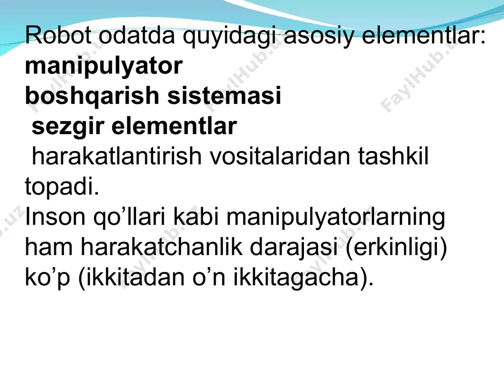 di. qamragich detalni shikastlamasdan ushlashi lozim. murakkab shakldagi shisha buyumlar va list materiallar bi­lan ishlayotganda vakuumli qamragichlar ishlatiladi. surgichlar detalnnng yassi yo’zasiga quyilganda surgichlar ostidagi havoni vakuum-nasos xaydab chiqaradi va detal, masalan, stanokka ko’chib o’tadi. katta massali magnit materiallar uchun elektromagnitli qamragichlardan foydalannladi. elektromagnitlarining yo’za birli­giga to’g’ri keladigan tortish kuchnning kattaligi, tezda ishga tushishi va konstruksnyasining oddiyligi ushbu qamragnchlarning afzalligi hisoblanadi. juda mo’rt materiallardan tayyorlangan zagotovkalar uchun, masalan, polimer plyonkalar yoki rezinadan ishlanib, ichiga havo puflanadigan qopchalari bo’lgan qamragichlar yaratilgan. 1-rasm. robotlarning qamrovchi mexanizmlari zagotovka bo’shlig’i ichiga joylashtirilgan kopchaga havo berilganda u za­gotovka shakliga kiradi va zagotovka jihozga o’rnashib qoladi. qamrovchi qurilmalarning ko’pgina tiplariga richagli, ponali, vintli mexanizmlar asos qilib olingan. flanetslar, qisqa silindrlar, vtulkalar tipidagi detallarni qisib qo’yish uchun uchta barmoq bilan ta’minlangan universal qamragich ish­latiladi bu mexanizm barmoqlari 2 bilan dumaloq va kvadrat shaklidagi zagotovkalarni bemalol ushlashi mumkin; undan asbobni almashtirishda ham foydalansa bo’ladi. panja 1 valik 3 …