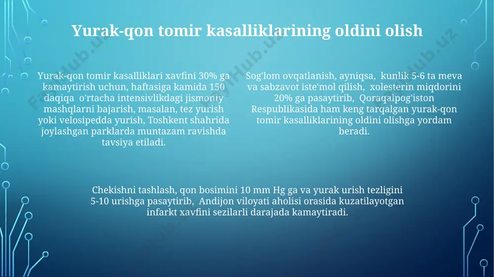 a oʻlimga olib kelishi mumkin. qoʻshma shtatlarda yiliga 500 000 dan ortiq aritmiya bilan bogʻliq vafot holatlari qayd etiladi. miokardit miokarditning og'ir shakllari, yurak etishmovchiligi va aritmiya bilan bog'liq bo'lib, yiliga taxminan 100 000 kishidan ortiq odamga ta'sir qilishi mumkin. miokardit diagnostikasi ekg va qon tahlillari, shu jumladan troponin darajalarini aniqlash va yurak biopsiyasi orqali, masalan, aqshdagi yirik tibbiyot markazlarida amalga oshiriladi. miokarditning 5-15% hollarda virusli infektsiyalar, masalan, adenovirus yoki enteroviruslar sabab bo'lishi mumkin, bu esa butun dunyo bo'ylab, xususan, rivojlanayotgan mamlakatlarda keng tarqalgan. aorta anevrizmasi aorta anevrizmasining 5 sm dan katta boʻlishi jarrohlik aralashuvini talab qilishi mumkin, ayniqsa, qorin aortasida joylashgan boʻlsa, oʻlim xavfini sezilarli darajada oshiradi. aqshda yiliga taxminan 30,000 ga yaqin aorta anevrizmasi bilan bog'liq o'lim holati ro'y beradi, bu esa kardiovaskulyar kasalliklarning e'tiborga loyiq bir turi ekanligini ko'rsatadi. aorta anevrizmasining rivojlanishiga chekish, yuqori qon bosimi va genetik moyillik kabi omillar ta'sir qiladi, bu esa dunyo bo'ylab …