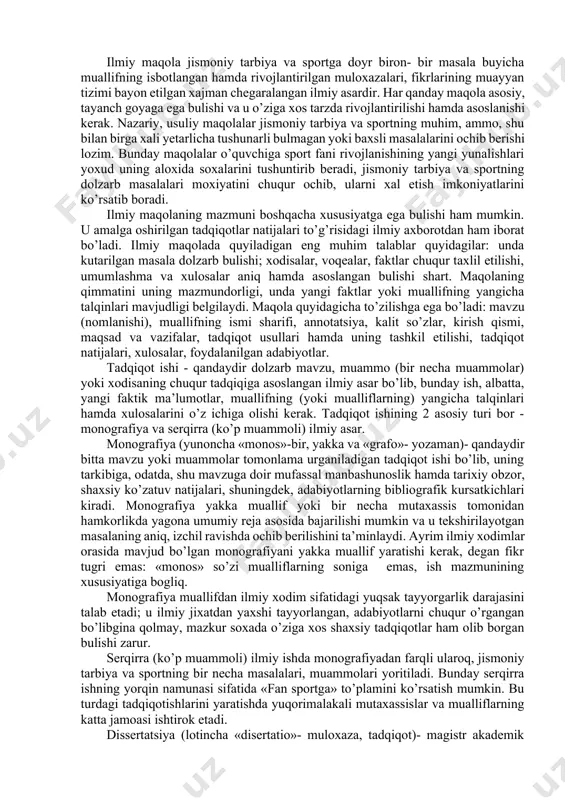 niqsa, jurnalning bir necha soni yoki ilmiy to’plamlarning bir nechasi taxlil etilganda, bu o’z-o’zidan shunday. shuning uchun referatchi ulardan eng e’tiborga munosiblarini tanlab olib, yoritilgan masalalari uxshash maqolalarni bir guruhga kiritadi. mazkur maqolalar xaqidagi referativ obzorda ular mazmuni tanqidiy taxlil etilishi hamda ularning mualliflari keltirgan yangi, o’ziga xos ma’lumotlar oydinlashtirilishi zarur. tadqiqotning muayyan mavzusi yoki ilmiy muammo buyicha adabiyotlarning ilmiy obzorini to’zish tinglovchi yoki o’quvchilarni adabiyotlardagi ma’lumotlarga ko’ra u yoki bu masalaning ilmiy jixatdan ishlab chiqilishi xolati bilan tanishtirish maqsadida amalga oshiriladi. bunday obzorlarning mualliflari muxokama qilinayotgan masalaga aloqador adabiy ma’lumotlarni chuqur bilishi hamda ularni moxiyatiga ko’ra baxolay olishi shart. aslida, xar qanday salmoqalio’ziga xos ish, u ilmiy monografiya bo’ladimi yoki dissertatsiyami, bundan qatiynazar, urganilayotgan masala yoki muammoni ochib berishga yordamlashuvchi adabiyotlar obzori bilan boshlanmogi kerak. ammo xozirgi sharoitda sportga doir maxsus adabiyotlarning ko’pligini hisobga olib, ilmiy obzor barcha adabiy manbalar to’g’risida istisnosiz tula ma’lumot berishi xaqida uylash tugri bulmaydi. …
