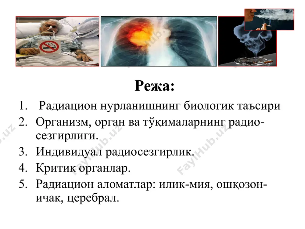07.12.1900–18.09.1977) – биофизик, россия биофизика мактаби шаклланиши ва ривожланишига катта ҳисса қўшган педагог–олим, москва давлат университетида биофизика кафедрасига асос солган, осмотик анабиоз ҳодисасини аниқлаган, физик омилларнинг биологик объектларга таъсир механизмларини ўрганган, жумладан электр токининг тирик тўқималар орқали ўтиш қонуниятларини аниқлаган, 1938–йилда «бирламчи яллиғланиш реакциялари кинетикаси» мавзусида докторлик диссертациясни ҳимоя қилган, шунингдек радиацион биофизика лабораториясини ташкил қилган ва радиацион нурланишнинг биологик таъсир механизмларини ўрганган. pадиацион нурланишнинг биологик объектга таъсири – детерминацион ва стохастик таъсир турларига ажратилади. детерминацион таъсир – бу оғирлик даражаси радиацион нурланиш дозаси қийматига боғлиқ ҳолатда белгиланувчи, шунингдек поғона даражасига эга бўлган тавсифда юзага келувчи ва нурланиш касаллиги, дерматит, катаракта, бепуштлик каби патологик ҳолатларни келтириб чиқаради. стохастик таъсир – радиацион нурланиш дозаси поғона қийматига эга бўлмаган характерда, нурланишдан кейин маълум вақт давомида ривожланувчи ўсма касалликлари, лейкоз ва ирсий касалликлар юзага келтириб чиқаради. радиацион нурланишнинг стохастик таъсири: а. лейкемия (қон саратони); б. ошқозон лимфомаси (саратон); в. меланома (тери саратони). радиацион …