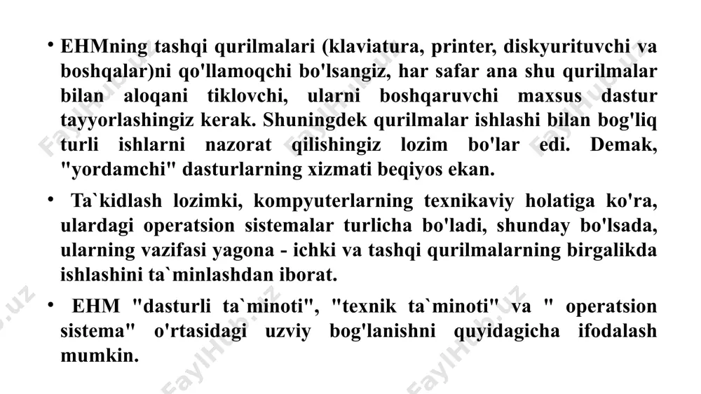 ikkinchi qismi – foydalanuvchi bilan interfeysni yaratuvchi dasturlar. odam yadro bilman bevosita emas, balki bilvosita, maxsus qulay interfeysni ta`minlovchi qobiq-dasturlar bilan muloqotda bo`ladi. xattoki qobiq-dastur ms dos ga o`xshash interfeys hamda windowsga o`xshash interfeysga ega bo`lishi mumkin. linux uchun qobiq-dasturlar judayam xilma-xil, qaysi birini tanlash foydalanuvchining ixtiyoriga xavola. noodatiy tuyulmasin, lekin har qanday ot ining bosh vazifasi – bu fayllar bilan ishlashi, negaki aynan fayllar axborotning bo`limas birligi hisoblanadi. rasm chizamizmi, matn teramizmi, musiqa yaratamizmi, barchasi – fayllar bilan ishlashdir. amaliy dasturlar esa fayllar bilan ishlash uchun sodda va qulay interfeysni ta`minlaydilar. windowsda buning uchun проводник dasturi mavjud, boshqa dastur yaratuvchilar total commander ni tavsiya qilishadi. gnu litsenziyasi linux ot lar oilasi windows dan farqli, ko`pgina tijorat firmalari hamda ochiq kod (open source5) fikrini qo`llab quvatlovchi dasturchilar uyushmasi tomonidan rivojlantirilmoqda. har qanday dasturiy ta`minot nafaqat bajariluvchi modullar, balki kodi ochiq tekst (masalan c/c++ tilida yozilgan) fayllar ko`rinishida bo`lishi kerak. 10 …