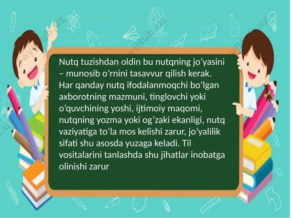 qing. unda qo’llangan xush kelibsiz iborasining nutq sharoitiga muvofiq emasligi natijasida yuzaga kelgan jo’yasizlikni tushuntiring) sh. rahmatullayevning «o’zbek tilining izohli frazeologik lug’ati»dan olingan quyidagi iboralarning izohlarini esda tuting. ular ishtirokida gaplar tuzing. yuragini yormoq i qattiq cho’chitib qo’rqitmoq. ma’nodoshi: o’takasini yormoq. o’xshashi: kayfini uchirmoq. yuragini yormoq ii ichidagi istak yoki dardini aytmoq. varianti: ko’nglini yormoq. . . nutqning jo’yaliligi sifatini ta’minlashda nimalarni hisobga olish lozim? jo’yalilikni ta’minlashda sinonimlardan qanday foydalaniladi? kattalar bilan gaplashganda, buyruq ohangi o’rinli bo’lishi mumkinmi? jo’yalilik va so’z ma’nosining bo’yog’i haqida gapiring. yoshi ulug’larga murojaat shakllari haqida so’zlang qaro qoshing, qalam qoshing, qafasda qalb qushin qiynab, 75-mashq. berilgan maqollarda ifodalangan g’oyaning to’g’ri ligini misollar asosida tushuntirib, matn tuzing. maqollarni yod oling. jo’yali so’z jo’yasin topar, jo’yasiz so’z iyasin (egasin) topar. jo’yaga tuya ham cho’kadi. o’rinli so’zga tuya cho’kadi, o’rinsiz so’zga hamma so’kadi. suvni sep singar yerga, so’zni qil sig’ar yerga. e’tiboringiz uchun rahmat! image1.png image2.jpeg image3.jpeg image4.jpeg …