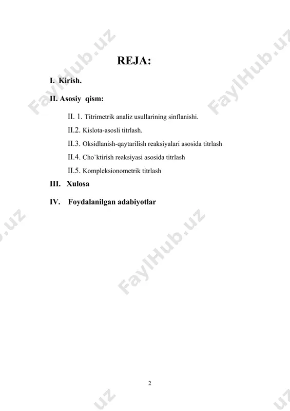 anadi.ammo titrimetrik analizdagi natijalarning aniqligi gravimetrik analizdagiga qapaganda birmuncha kam bo’ladi.titrlash jarayonida reaksiyaga kirishayotgan moddalarning miqdorlari aralashmada ekvivalentiga tenglashganini ko’rsatuvchi ekvivalentlik nuqtasi kuzatiladi.shu nuqtada sarflangan standart ishchi eritmaning hajmi belilanadi va titrlash to’xtatiladi. titrimetrik analizda ekvivalentlik nuqtasini belgilashga imkon beradigan moddalar indikatorlar ,rangli reaktivlar bo’lib, ular reaksiya jarayonida o’z rangini o’zgartiradi.odatda rangli yoki loyqa eritmalarni indikotorlar bilan titrlab bo’lmaydi,chunki bunda indikator rangining o’zgarishini bilish qiyin bo’ladi. bunday hollarda ekvivalentik nuqtasini belgilash uchun titrlashda eritmaning bazi fizik xossalari o’zgarishidan foydalaniladi. hajmiy analizda qo’llaniladigan reaksiyalarga qo’yiladigan talablar. hajmiy analizning tortma analizdan eng muhim farqi shundaki, reaktiv ortqiqcha miqdorda emas,balki reaksiya tenglamasiga aniq muvofiq keladigan, aniqlanayotgan moddaga kimyoviy jihatdan ekivalent bo’lgan miqdorda olinadi. analiz natijalarni hisoblash ham ekvivalentlik qoidasiga asoslanadi.titrlash esa ancha tez bajarilish bilan tortma analizdan farq qiladi.titrlashda ancha tez boradigan reaksiyalargagina qo’llash mumkin.sekin boradigan reaksiyalarda ekvivalentlik nuqtasini aniq belgilash qiyin bunda titrlash albatta o’tkazilibyuboriladi.bundan tashqari qo’shilayotgan reaktivning titrlangan eritmasi faqat aniqlanayotgan …