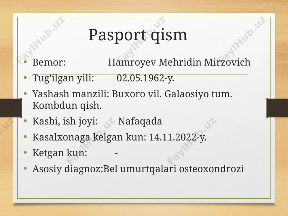 rangda nam, tili toza va nam, ko'rinadigan shilliq qavatlari och pushti rangda toza, periferik limfa tugunlari kattalashmagan. suyak-bo'g'im sistemasi deformatsiyasiz. gavdasi normostenik. o'pkasida vezikulyar nafas, nos-19ta/min. yurak tonlari bo'g'iq, puls-81ta/min, ritmik a/b- 110/90mm.sim.ust. qorni yumshoq, og'riqsiz, jigar va taloq paypaslanmaydi. ich kelishi va diurez regulyar. nafas olish sistemasi nafas olish burni orqali ravon, nafas harakatlari ko'krak tipida, ko'krak qafasi simmetrik, silindrik. gavdasi normostenik. ko'krak qafasi palpatsiyada ovoz dirillashi va ko'krak qafasi rigidligi normada, perkussiyada aniq o'pka tovushi, o'pka chegaralari normada auskultatsiyada vezikulyar nafas nafas olish soni-19 ta/min. o'pka chegaralari o'ng chap lin. clavicularis 6 - lin. axillaris anterior 7 7 lin. axillaris media 8 8 lin. axillaris posterior 9 9 lin. scapularis 10 10 lin. paravertebralis 11 11 yurak-qon tomir sistemasi shikoyati yo'q. yurak chegaralari normada, yuqori chegarasi chapdan to'sh qirrasi bo'ylab 3qovurg'aga, chap lin. clavicularis sinistradan 1sm tashqarida, o'ng chegarasi to'sh qirrasidan 1sm ichkarida. perkussiyada yurak maydoni sohasida absolyut …