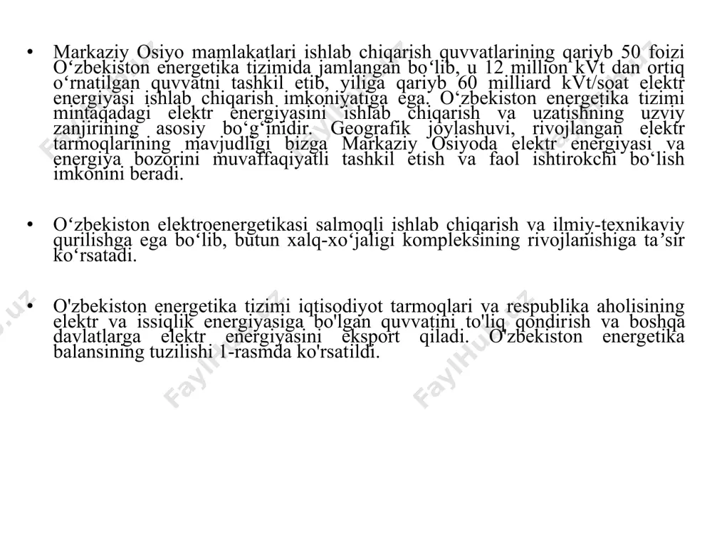 b borilayotgan kuchli ijtimoiy siyosatning samarasidir. а б 2-rasm. o'zbekiston iqtisodiyoti tarmoqlarining energiya iste'moli tarkibi: a-2005, b-2017. 3-rasm. o'zbekistonda elektr stansiyalarining o'rnatilgan quvvatlarining tarkibi. a-1995 (11583 mvt), b-2017 (12937 mvt) 4-rasm. mustaqillik yillarida o'zbekiston elektr stansiyalari tomonidan elektr energiyasi ishlab chiqarilishi. 5-rasm. o'zbekistonda issiqlik elektr stansiyalari tomonidan elektr energiyasi ishlab chiqarilishi. mavzu: o’zbekiston respublikasida issiqlik elektr stansiyalarini rivojlantirish va modernizatsiyalash. reja: mamlakatimizdagi mavjud issiqlik elektr stansiyalarini rivojlantirish va takomillashtirish yo’nalishlari. 2. issiqlik energiyasini generatsiyalash. 2020-yilda yurtimizdagi issiqlik elektr stansiyalari tomonidan 60,75 mlrd. kvt.soat elektr energiyasi ishlab chiqarildi. iqtisodiyot tarmoqlarining rivoji va aholi ehtiyojlarining oshishi tufayli 2030-yilga borib elektr energiyaga talab 2 barovarga o'sishi kutilyapti. bunda ko'zda tutilayotgan atom elektr stansiyasi va muqobil energiya manbalari hisobi oshirilishi va ishga tushirilishi ko'zda tutilgan bo'lsa-da, "asosiy yuk" ieslari zimmasiga tushadi. ayni paytda mamlakatimiz energetika sanoatini rivojlantirishning yangi bosqichida — zamonaviy, yuqori samarali energiya tejaydigan texnologiyalarni joriy etish va ulardan foydalanish bosqichida. so'nggi yillarda …
