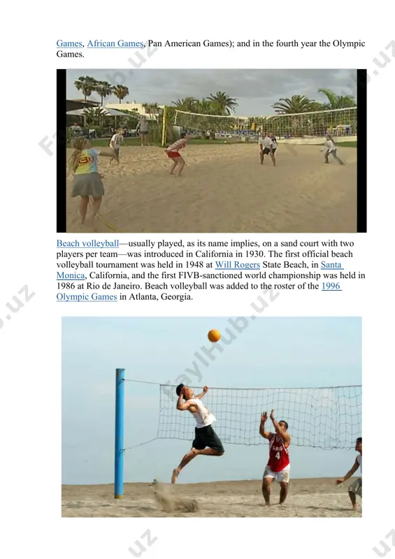 volleyball—usually played, as its name implies, on a sand court with two players per team—was introduced in california in 1930. the first official beach volleyball tournament was held in 1948 at will rogers state beach, in santa monica, california, and the first fivb-sanctioned world championship was held in 1986 at rio de janeiro. beach volleyball was added to the roster of the 1996 olympic games in atlanta, georgia. volleyball requires a minimum of equipment and space and can be played indoors or outdoors. the game is played on a smooth-surfaced court 9 metres (30 feet) wide by 18 metres (60 feet) long, divided by a centre line into two equal areas, one of which is selected by or assigned to each of the two competing teams. players may not step completely beyond the centre line while the ball is in play. a line 3 metres (10 feet) from and parallel …
