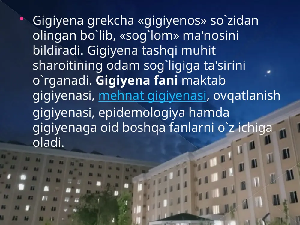 organizmiga ta'sirini kuzatib, shu yoshdagi bolalarga anatomo-fiziologik imqonichtlariga qarab tegishli normalar belgilanadi. gigiyenaning asosiy vazifasi bolaning har tomonlama barkamol bo'lib o'sishi va rivojlanishi, jismonan va ruhan yetuk bo'lishi, farovon hayot kechirishi uchun qulay sharoit yaratib berishdan iborat. gigiyena bir kishining shaxsiy ishi bo'libgina qolmay, davlat va jamoatchilik ishi ham ekanligini yoddan chiqarmaslik kerak. davlat tomonidan yaratib berilgan qulayliklar, sharoit hali insonlar uchun, ularning sog'ligi uchun sharoit yaratib berdi degani ham emas. agar davlat maktabga shinam, qulay maktab binosini qurib bersa, uni o'quvchilar uchun mos o'quv jihozlari bilan ta'minlasa hali bu yetarli bo'lmaydi. o'quvchi o'ziga qaramasa, xonani, o'tirgan joyini iflos qilib ketaversa bu uning sog'ligi uchun to'g'ri kelmay qolishi mumkin. shu sababdan shaxsiy gigiyena ham alohida ahamiyatga ega. yoshlikdan boshlab, to umrining oxirigacha odam to'g'ri gigiyenik tavsiyalarga rioya qilsa, hamisha sog'-salomat bo'lib yuradi va uzoq umr ko'radi. sog'lom ota-onadan sog'lom bola tug'ilishi azaldan ma'lum. agar inson sog'ligini 100% deb qaralsa, uning …