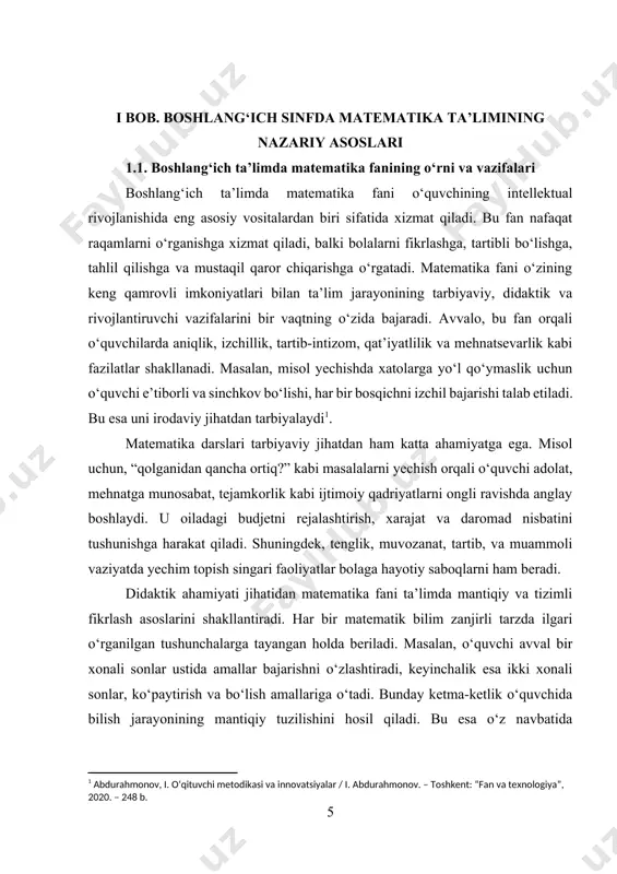 iylikni topishga, muqoyasa qilishga majbur bo‘ladi. bu esa tahlil qilish va umumlashtirish ko‘nikmalarining shakllanishiga xizmat qiladi. matematikaning rivojlantiruvchi ahamiyati esa o‘quvchining aqliy salohiyatini kuchaytirishda, ularni abstrakt va mantiqiy tafakkurga tayyorlashda ko‘zga tashlanadi. misol uchun, tenglamalarni yechish yoki shakllarning o‘zaro munosabatini aniqlash orqali bola xayoliy obrazlar bilan ishlashga o‘rganadi. ayniqsa, “ayirma” va “qoldiq” tushunchalarini anglashda u real hayotdagi yo‘qotish, taqqoslash, tanlash kabi muhim fikrlash mexanizmlarini amaliy tarzda sinaydi. masalan, quyidagi tenglikda noma’lum sonni topish: x + 7 = 15 bu oddiy ko‘rinadigan misol, aslida o‘quvchining izchil fikrlashini, sabab va oqibatni tushunishini, anglab, xulosa chiqarishini talab qiladi[footnoteref:2]. [2: abduqodirov, a. boshlang‘ich ta’limda fanlarni o‘qitish metodikasi / a. abduqodirov. – toshkent: “ilm ziyo”, 2021. – 192 b.] geometriyaga oid boshlang‘ich bilimlar (shakllar, perimetr, yuzasi va boshqalar) orqali o‘quvchi fazoviy tasavvur, o‘lchov, nisbat va simmetriya kabi tushunchalarni shakllantiradi. bu esa uning san’at, texnologiya, dizayn, muhandislik kabi fanlarga qiziqishini oshiradi. masalan, kvadrat va to‘g‘ri to‘rtburchak …