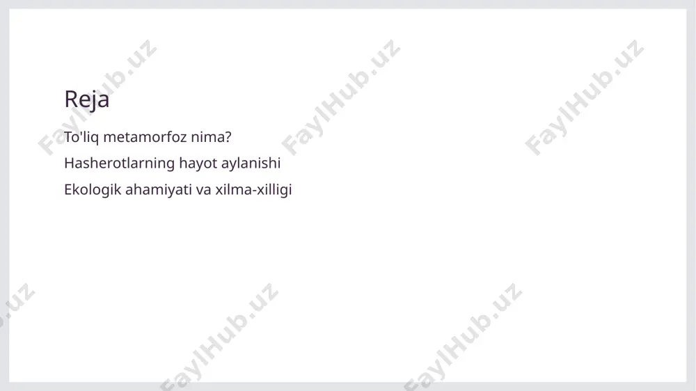 abiatning muvozanati saqlanadi. hasherotlarning to'liq metamorfozi: hayot aylanishining bosqichlari. 1 to'liq metamorfoz to'liq metamorfoz jarayoni to'rtta asosiy bosqichdan iborat: tuxum, lichinka, pupa va kattalar. har bir bosqichda hasharotlar muhim o'zgarishlarga duch keladi. 2 tuxum bosqichi tuxum bosqichida hasharotlar ko'payish jarayoni orqali yangi avlodni shakllantiradi. bu bosqichda tuxumlar xavfsiz joylarda joylashadi va zarur sharoitlarni kutadi. 3 lichinka va pupa lichinka bosqichida oziqlanish va o'sish jarayoni davom etadi. pupa bosqichida esa, hasharot ichki o'zgarishlar o'tkazib, kattalar holatiga o'tadi. larva va pupa: insects hayotidagi muhim davrlar. larva davri larva davri, hasharotlarning to'liq metamorfoz jarayonida birinchi bosqichdir. ushbu davrda hasharotlar tez o'sadi va bir necha marta to'linadi. pupa davri pupa davri, larva o'sib, kuchli o'zgarishlar yuz beradigan bosqichdir. bu davrda hasharotlar ichida yangi strukturalar shakllanadi, rangi va shakli o'zgaradi. ekologik ahamiyati larva va pupa davrlari ekologik tizimda muhim rol o'ynaydi. ular oziq-ovqat zanjirida muhim o'rin tutib, turli xil ekotizimlar barqarorligini ta'minlaydi. hayot aylanishining ekologik …