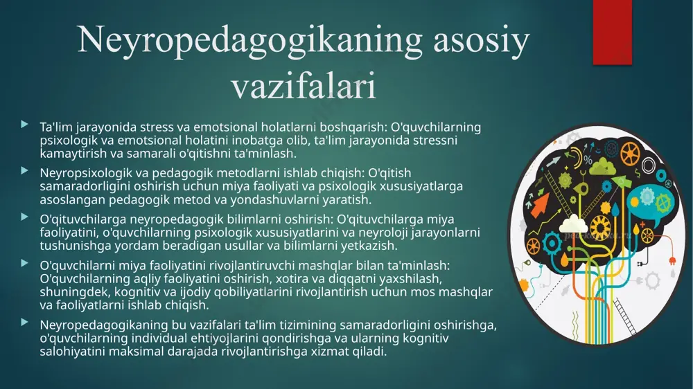 m beradi. 2. shaxsiylashtirilgan ta’lim:neyropedagogika o'quvchilarning neyrolojik va psixologik xususiyatlarini o'rganadi. bu esa o'qituvchilarga o'quvchilarning individual ehtiyojlari va imkoniyatlariga mos ravishda ta'limni shaxsiylashtirish imkonini beradi. o'quvchilarning ta'lim olish usullari, ular qanday ma'lumotni yaxshiroq o'zlashtirishi va qanday qilib eng yaxshi natijalarga erishishlari haqidagi bilimlar neyropedagogikaga asoslanadi. 3. o'quvchilarning kognitiv rivojlanishini qo'llab-quvvatlash:neyropedagogika miya plastisizmi (neuroplasticity) tushunchasini o'rganadi, ya'ni miya yangi bilimlarni o'zlashtirish jarayonida qanday o'zgaradi. o'quvchilarni o'qish va ta'lim jarayonida miya faoliyatini rivojlantiruvchi mashqlar, o'yinlar va faoliyatlar yordamida ularning kognitiv salohiyatini oshirish mumkin. bu esa o'quvchilarning o'rganish qobiliyatini yaxshilaydi. 4. o'qituvchilarning professional malakasini oshirish:neyropedagogika o'qituvchilarga o'quvchilarning psixologik va neyrolojik xususiyatlarini tushunishga yordam beradi. bu o'qituvchilarga o'quvchilarning o'rganish jarayonida duch keladigan muammolarni engish, stressni boshqarish, va o'quvchilarning motivatsiyasini oshirishga yordam beradigan yondashuvlarni ishlab chiqish imkonini beradi. o’quvchilarning ta’lim-tarbiya jarayonida neyropedagogikaning ahamiyati 5. emotsional va psixologik holatlarni boshqarishta'lim jarayonida o'quvchilarning emotsional holati va stress darajasi ham juda muhim ahamiyatga ega. neyropedagogika o'quvchilarning psixologik holatini, …