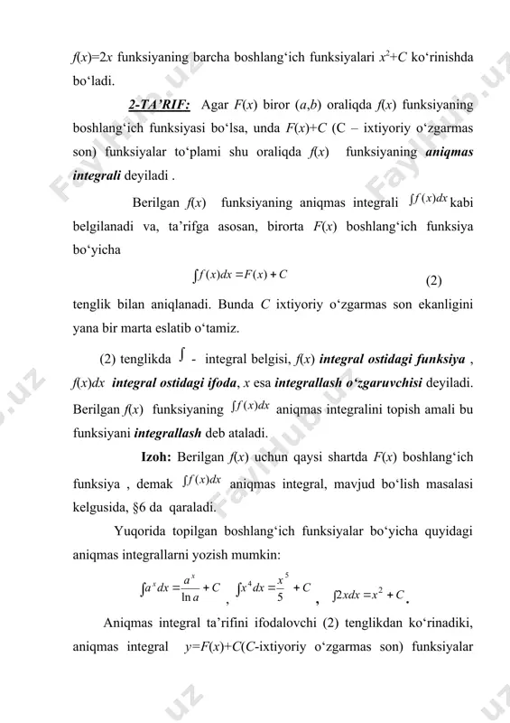 fferensiallash natijasida integral ostidagi funksiya hosil bo‘ldi. demak, integral javobi to‘g‘ri ko‘rsatilgan. integrallar jadvali 1. 2. 3. 4. 5. 6. 7. 8. 9. 10. 11. 12. 13. 14. 15. 16. 17. 18. bu jadval, integralning ko‘rib o‘tilgan xossalari va kelgusida qaraladigan integrallash usullaridan foydalanib juda ko‘p integrallarni hisoblash mumkin. xulosa matematik tahlilda hosila bilan bir qatorda yana bir muhim tushuncha integral bo‘lib hisoblanadi. hosilasi berilgan f(x) funksiyaga teng bo‘lgan differensiallanuvchi f(x) funksiya f(x) uchun boshlang‘ich funksiya deb ataladi. berilgan funksiya uchun boshlang‘ich funksiyalar cheksiz ko‘p bo‘lib, ular bir-biridan faqat o‘zgarmas c soniga farq qiladi. berilgan f(x) funksiya uchun barcha boshlang‘ich funksiyalar sinfi f(x)+c (c–ixtiyoriy o‘zgarmas son) shu funksiyaning aniqmas integrali deyiladi. funksiyaning aniqmas integralini topish integrallash amali deyiladi va u differensiallash amaliga teskari bo‘ladi. berilgan funksiyaning integralini topish integral xossalari va jadvali yordamida amalga oshirilishi mumkin. tayanch iboralar * boshlang‘ich funksiya * aniqmas intеgral * integral ostidagi funksiya * integral …