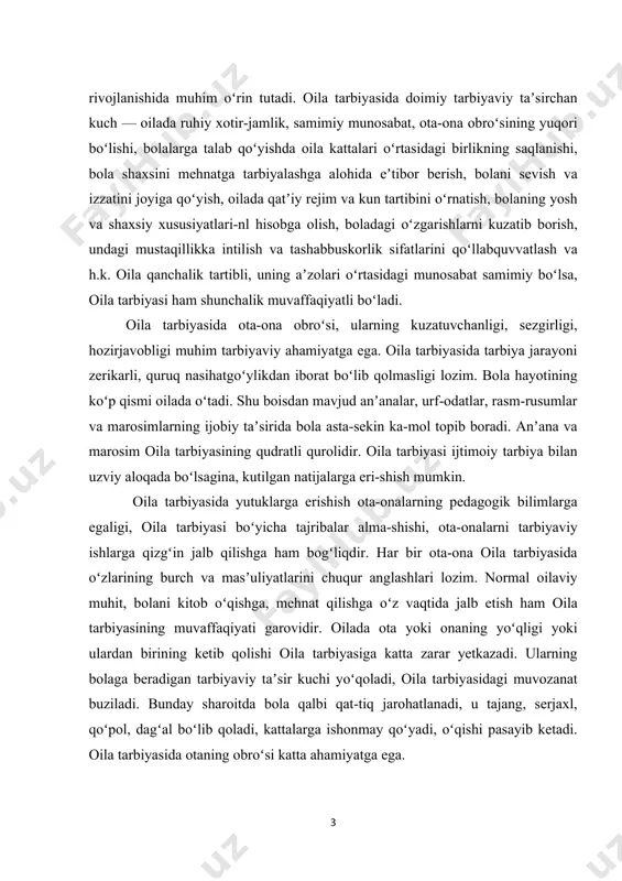 kni mustahkamlashga intiladi. bola maktabni tamomlagunga qadar otaona maktab bilan yaqin aloqa oʻrnatishi, farzandining darslarini oʻzlashtirishi, xulq-atvoridan xa-bardor boʻlib turishi, tarbiya masalalarida oʻqituvchi, sinf rahbari bilan maslahatlashib turishi, bolaning darsdan soʻng nima bilan mashgʻulligi haqida oʻqituvchi va sinf rahbarini xabardor qilib turishi lozim. uz navbatida oʻqituvchi va sinf rahbari ham bolaning oʻqishi, odobi, xulqi, maktabda oʻzini tuta bilishi haqidagi maʼlumotlarni ota-onaga yetkazishi, zarurat tugʻilganda paydo boʻlgan muam-molarni birgalikda hal qilishi zarur. xalqimizni milliy an’ana va urf-odatlaridan mahrum qilish siyosati sho’rolar mustamlakachiligi davrida ham yaqqol namoyon bo’ldi. ular xalqimiz turmush tarzining tarkibiy qismiga aylanib ketgan udumlar, urf-odat va an’analari, turli bayramlari, marosimlari, hattoki, do’ppisi, sumalagi, beshigini cheklab qo’yish uchun turli bahonalarni o’ylab topdilar va ustalik bilan amalga oshirdilar. kurs ishining obyekti. an’analarni o‘rganishda ular qanday tarixiy sharoitda va qaysi sinf tomonidan yaratilganinini, kimlarga xizmat qilganini, kimning manfaatini yoqlaganini va qaysi sinfning hukmronligini mustahkamlaganini ko‘ra bilishi kerak. kurs ishining predmeti. bola shaxsini …