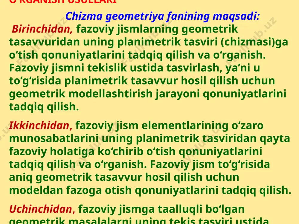 slikka ortogonal proyeksiyalash uchun a nuqtadan perpendikulyar tushiriladi. bu perpendikulyarning p tekislikdagi asosi ap nuqta fazodagi a nuqtaning ortogonal proyeksiyasi bo‘ladi. agar to‘g‘ri chiziq kesmasi proyeksiyalar tekisligiga parallel bo‘lsa, uning proyeksiyasining uzunligi kesmaning fazodagi uzunligiga teng bo‘ladi. agar to‘g‘ri chiziq kesmasi proyeksiyalar tekisligiga parallel bo‘lmasa, uning proyeksiyasining uzunligi o‘zidan kichik bo‘ladi, ya’ni apbp<ab bo‘lib, ab=apbp/cos α bo‘ladi. bunda α=ab^p . fazoda berilgan biror abсd trapesiya proyeksiyalar tekisligiga parallel bo‘lmasa, uning burchaklari va tomonlarining haqiqiy o‘lchamlari saqlanib qolmaydi. lekin trapesiyaning apbpсpdp proyeksiyasi orasidagi ayrim xususiyatlari o‘zgarmaydi. masalan, trapesiyaning bir-biriga parallel bo‘lgan ab va сd asoslarining apbp va сpdp proyeksiyalari ham o‘zaro parallel bo‘ladi. geometrik shakllarning proyeksiyalanish jarayonida o‘zgarmagan xususiyatlari ularning invariant xossalari deb yuritiladi. yuqorida keltirilgan parallel proyeksiyalarning barcha xossalari ortogonal proyeksiyalar uchun ham o‘rinlidir. ortogonal proyeksiyalashda biror shaklni barcha nuqtalaridan o‘tuvchi nurlar o‘zaro parallel bo‘lib, ular berilgan geometrik shaklni proyeksiyalar tekisligiga proyeksiyalaydilar. buyumning bitta ortogonal proyeksiyasi bilan uning fazodagi vaziyatini …