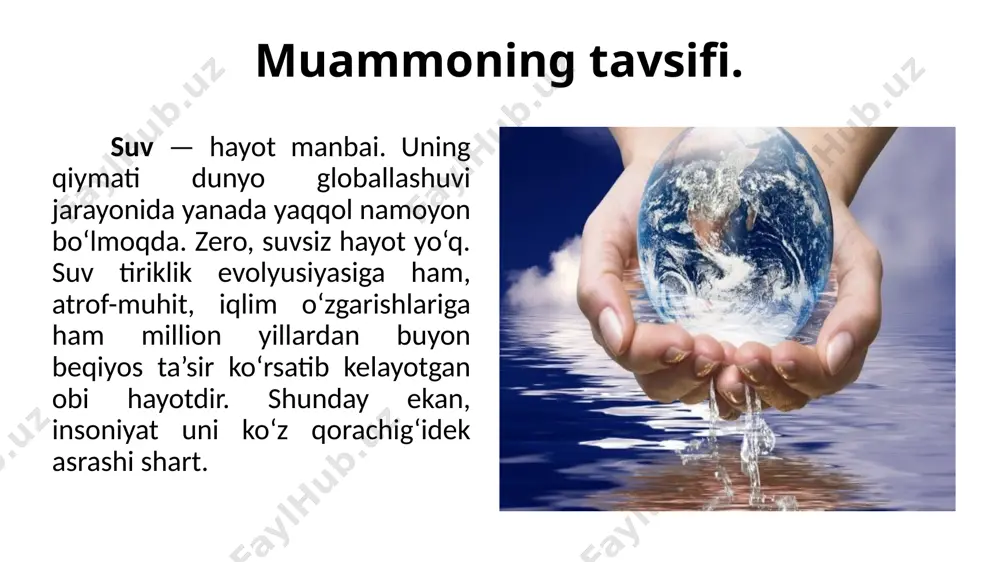 lik, jamiyatning avtoritar tuzilishi. 7. 1960-yilda orol dengizi sayyoramizning eng yirik ichki suvlari orasida to'rtinchi o'rinni egallagan bo'lib, uning maydoni 67 ming kvadrat kilometrdan oshadi. hozir esa orol dengizi qurishi natijasida orolqum degan sahroga aylanmoqda. 8. davlatlarning suv muammosi bo’yicha muzokaralarga kelishi. 9. taxminan 340 million afrikalik toza ichimlik suviga ega emas, rivojlanayotgan mamlakatlardagi kasalliklarning 80% suv bilan bog'liq, qirg’oqchilik sababli har yili taxminan 1,7 million o'limga sabab bo'ladi. dunyo resurslari instituti tomonidan o‘tkazilgan birinchi tahlil bu masalaga yangi jadval orqali oydinliklar kiritadi. dunyo mamlakatlarida 2040-yilga kelib suvga tanqisligi oshishi turli ranglarda ajratib ko‘rsatilgan: to‘q qizil — tanqislik eng yuqori bo‘ladigan davlatlar (80 foizdan ko‘p), qizil — yuqori ( 40-80 foiz), sariq — o‘rtachadan yuqori (20-30 foiz), ko‘k — o‘rtachadan past (10-19 foiz), siyohrang — past (10 foizdan kam). dunyo resurslari intituti 2030 va 2040-yillarga borib 167 ta mamlakatda yuzaga keladigan suv tanqisligini o‘lchagan va baholagan. afreka, chili, estoniya, namibiya …