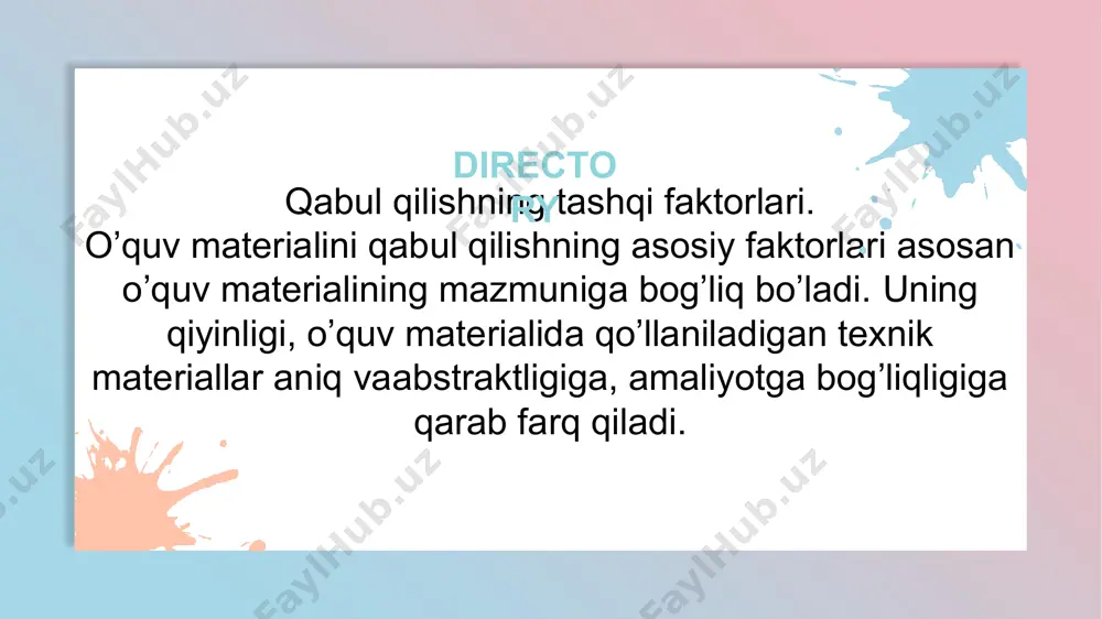 etilgan;tarkibiga bo'yash;asosiy va yordamchi ma'lumotlarni ajratish;materialni qismlarga bo'ling (ularning ahamiyatiga ko'ra);qisqacha (mumkin;qayta o'qing. bu juda ko'p miqdordagi ma'lumotlarni tezda eslab qolishdir. e‘tiboringiz uchun rahmat..! image1.jpeg image2.png image3.png image4.png image5.png image6.jpeg image7.png