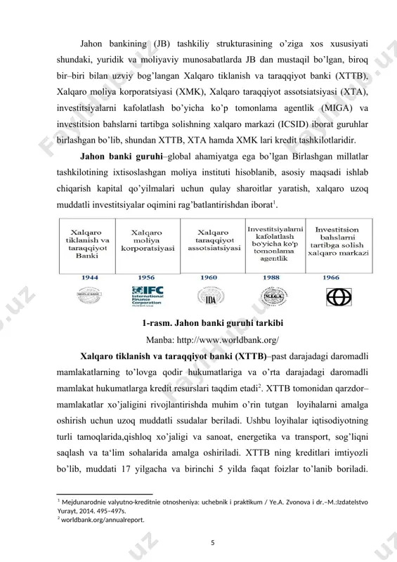 bozorida joylashtirilgan obligatsiyalarga to’g’ri keladi. xttb boshqarish strukturasi aktsiyadorlik jamiyati tamoyillari asosida tuzilgan bo’lib, uni organlaridagi ovozlar taqsimoti mamlakatlarning ustav kapitalidagi ulushidan kelib chiqib, -tortilgan‖ tamoyili asosida amalga oshiriladi. islohatlar dasturida rivojlanayotgan mamlakatlar va o’tish iqtisodiyoti mamlakatlar ulushini 3,13 % dan 47,19 % gacha oshirish maqsadida ovozlarni qayta taqsimlash nazarda tutilgan. aqsh davlati boshqa davlatlarga nisbatan ko’proq ovozga ega bo’lib, bu o’z navbatida zaruriy qarorlar qabul qilishda talab qilinadigan 85 % ovozni taqiqlash huquqini beradi. [3: mejdunarodnie valyutno-kreditnie otnosheniya: uchebnik dlya vuzov /pod red. l.n.krasavinoy.–4–e izd., pererab. i dop.–m.:izdatelstvo yurayt,2014.–390s. ] 1-jadval xttb da ko’proq ovozlarga ega bo’lgan mamlakatlarning pozitsiyasi islohatlargacha islohatladan so’ng mamlakatlar ovoz ulushi, % mamlakatlar ovoz ulushi, % aqsh 16,36 aqsh 15,85 yaponiya 7,85 yaponiya 6,84 germaniya 4,48 xitoy 4,42 frantsiya 4,30 germaniya 4,00 kanada 2,78 frantsiya 3,75 xitoy 2,78 buyuk britaniya 3,75 hindiston 2,78 hindiston 2,91 italiya 2,78 rossiya 2,77 rossiya 2,78 saudiya arabistoni 2,77 saudiya …