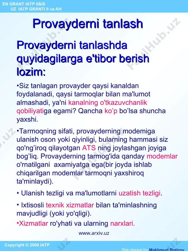 ‘lmagan ko‘tara savdo” qilib oyiga 5, 10, 20, hatto 40 soat foydalanishni taklif qiladilar. bunda qancha ko‘p soat olsangiz, har bir soat shunchalik arzonga tushadi. bu holda joriy oyda foydalanilmay qolgan soatlar keyingi oyga o‘tish-o‘tmasligini aniqlab olish muhim. agar ular keyingi oyga o‘tmasa mijoz ko‘p mablag‘ yo‘qotishi mumkin. internet bilan axborot oqimi miqdori (trafik) uchun to‘lov. axborot oqimi (trafik) birligi uchun to‘lov mijoz qancha axborot oqimi olib uzatgan (kilobaytlarda va megabaytlarda) bo‘lsa, shunga yarasha haq to‘laydi. “internetni olib sotish”ning bu turi mijoz uchun tushunarli, lekin har doim ham qulay emas. bu to‘lov usuli ko‘p vaqt davomida ozgina axborot oluvchilar, masalan, asosan elektron pochta bilan ishlaydiganlar uchun qulay. trafik savdosida provayderlar ko‘pincha haqni avvaldan to‘lab qo‘yishni talab qiladilar. copyright © 2000 iatp site design by makhmud botirov en grant iatp ii&is uz iatp granti ii va ah www.arxiv.uz www.arxiv.uz * olingan axborot oqimi (trafik)ning belgilangan miqdori uchun to‘lov. mijoz ma’lum davr …