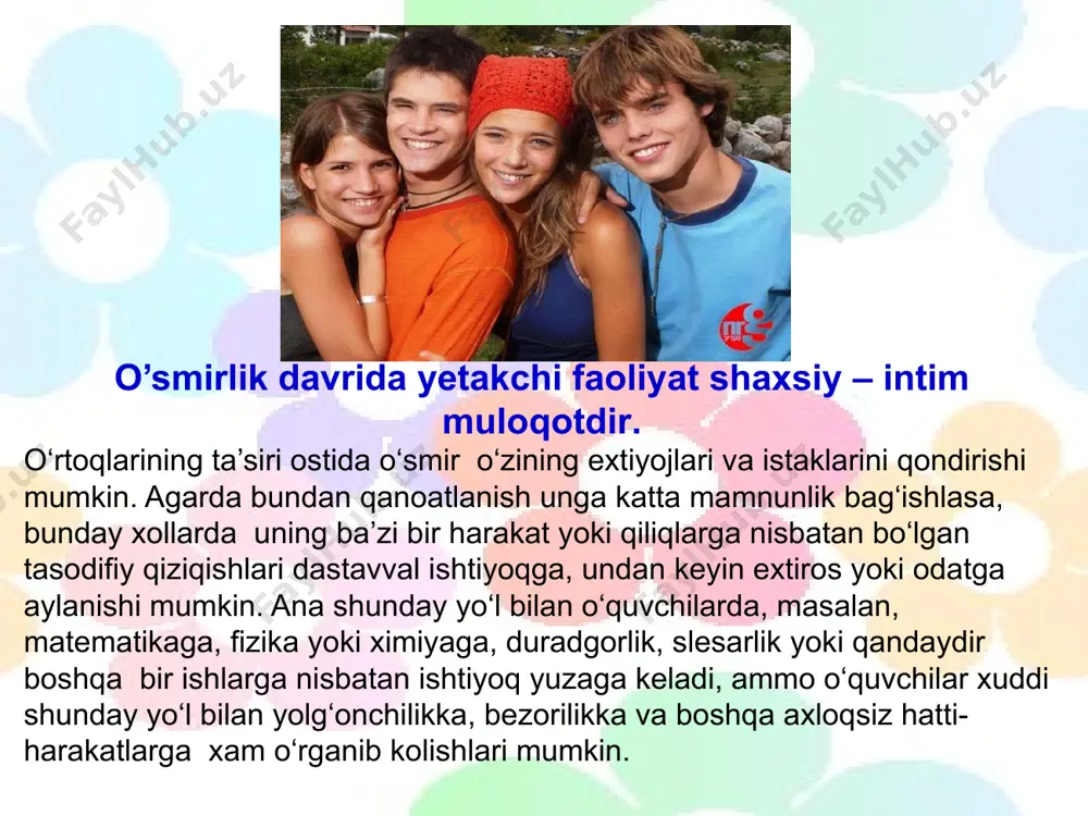 z-o‘ziga yoki yonidagi sherigiga so‘zlab ham beradi. bunday hollarda o‘quvchi o‘zi tayyorlayotgan darsni grammatika qoidalariga to‘g‘ri rioya qilgan holda ayniqsa, tushunarli qilib og‘zaki gapirib berishga intiladi:. o‘kituvchi o‘quvchining nimalarni bilganligi va bilganlarini qanday gapirib berishi bilangina kifoya kilmasdan, balki, shu bilan birga, shu bilgan narsasini kanday kilib va qay tarika gapirib berayotganiga ham e’tibor berishini o‘quvchi yaxshi tushunadi. o‘smirlik davrida xotiraning barcha turlari o‘zining sifat ko‘rsatkichlari asosida jadal rivojlanadi. bu davrda o‘quvchilarga beriladigan o‘quv materialining hajmi katta bo‘lgani uchun ham uni eslab qolishi yoki bir necha marta takrorlash yo‘li bilan o‘zlashtirish qiyin. o‘smirlik yoshida bolalar o‘qigan va o‘rganganlarini so‘zma-so‘z yodlashdan voz kechib uning ma’nosiga ko‘ra eslab qolishga harakat qiladilar. ularda faol ravishda mantiqiy xotira rivojlanib boradi. mexanik xotiraning rivoji esa birmuncha sustlashadi. bu esa ba’zan salbiy xolatlarni ham keltirib chiqarishi mumkin. o‘smirlik davriga kelib yangi fanlar, jumladan, o‘quvchilar eslab qolishi zarur bo‘lgan ma’lumotlar miqdori ko‘payadi. ammo mexanik xotiraning sustlashuvi ma’lumotlarni …