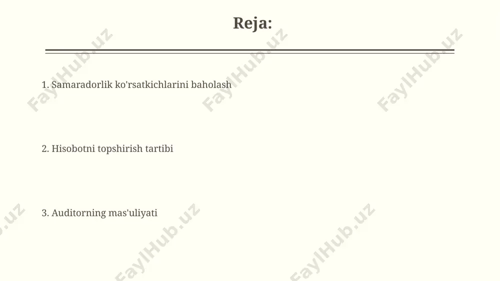 филиалнинг молиявий кўрсаткичларини ўз ичига олиши ва аудитор текширувидан ўтганлигини тасдиқловчи имзо ва муҳр билан тасдиқланиши керак. huquqiy mas'uliyat auditorlar o'zbekiston respublikasining 2019-yil 27-dekabrdagi 608-sonli qonuniga muvofiq moliyaviy hisobotlarning to'g'riligi va ishonchliligi uchun huquqiy javobgarlikni o'z zimmalariga oladilar. agar auditorlar o'z vazifalarini lozim darajada bajarmasalar va bu 5 million so'mdan ortiq zarar keltirsa, toshkent shahar sudi tomonidan jazolanishlari mumkin. hisobotni topshirish muddatlari samarqand viloyatida joylashgan kichik biznes sub'ektlarining hisobot topshirish muddati 15-fevraldan 1-martigacha uzaytirildi, elektron shaklda topshirish imkoniyati mavjud. buxoro viloyati soliq idoralariga taqdim etiladigan soliq hisobotlarining topshirish muddati qonunchilikka asosan har chorakda, aniqrog'i 30-aprel, 31-iyul, 31-oktabr va 31-dekabr kunlariga belgilangan. tavsiyalar va takliflar samarqand viloyatidagi 2 ta loyihaning moliyaviy hisobotlarini tahlil qilish natijalariga ko'ra, ichki nazorat mexanizmlarini kuchaytirish va xavflarni baholash bo'yicha 7 ta tavsiya beriladi. xodimlar malakasini oshirish bo'yicha 3 ta trening dasturi, jumladan, buxoro viloyatida o'tkaziladigan 1 haftalik seminar taklif etiladi, bu esa xatoliklar sonini 10% ga …