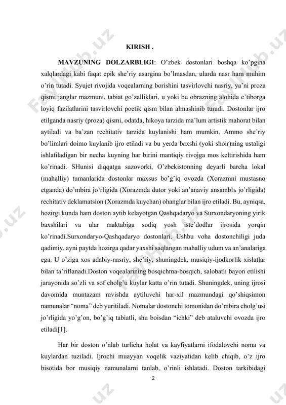 batli bayon etilishi jarayonida so’zli va sof cholg’u kuylar katta o’rin tutadi. shuningdek, uning ijrosi davomida muntazam ravishda aytiluvchi har-xil mazmundagi qo’shiqsimon namunalar “noma” deb yuritiladi. nomalar dostonchi tomonidan do’mbira cholg’usi jo’rligida yo’g’on, bo’g’iq tabiatli, shu boisdan “ichki” deb ataluvchi ovozda ijro etiladi[1]. har bir doston o’nlab turlicha holat va kayfiyatlarni ifodalovchi noma va kuylardan tuziladi. ijrochi muayyan voqelik vaziyatidan kelib chiqib, o’z ijro bisotida bor musiqiy namunalarni tanlab, o’rinli ishlatadi. doston tarkibidagi aksariyat kuy va nomalar kichik hajmli, oddiy tuzilmali shaklu-shamoyillardan iboratdir. ularda foydalanilgan musiqiy tovushlar ko’lami, vazn-usullari jihatdan biroz chegaralangandek tuyulishi mumkin. shunday bo’lsa-da, doston ijrochisining badihago’ylik mahorati orqali bunday qadimiy musiqiy namunalarning rango-rangligi, ta’sirchan va ifodaviyligi ta’minlanadi.surxondaryo va qashqadaryo vohalarida eng keng tarqalgan tarixiy, bahodirlik, ishqiy dostonlardan “alpomish”, “avazxon”, “rustamxon”, “go’r o’g’li” va boshqalarni tilga olish mumkin.doston o’zbek folklorining keng tarqalgan yirik janrlaridan biridir. uning yaratilishi xalqimizning ma’naviy-maishiy qiyofasi, siyosiy qarashlari, axloqiy estetik tarbiya, adolat va xaqqoniyat, …