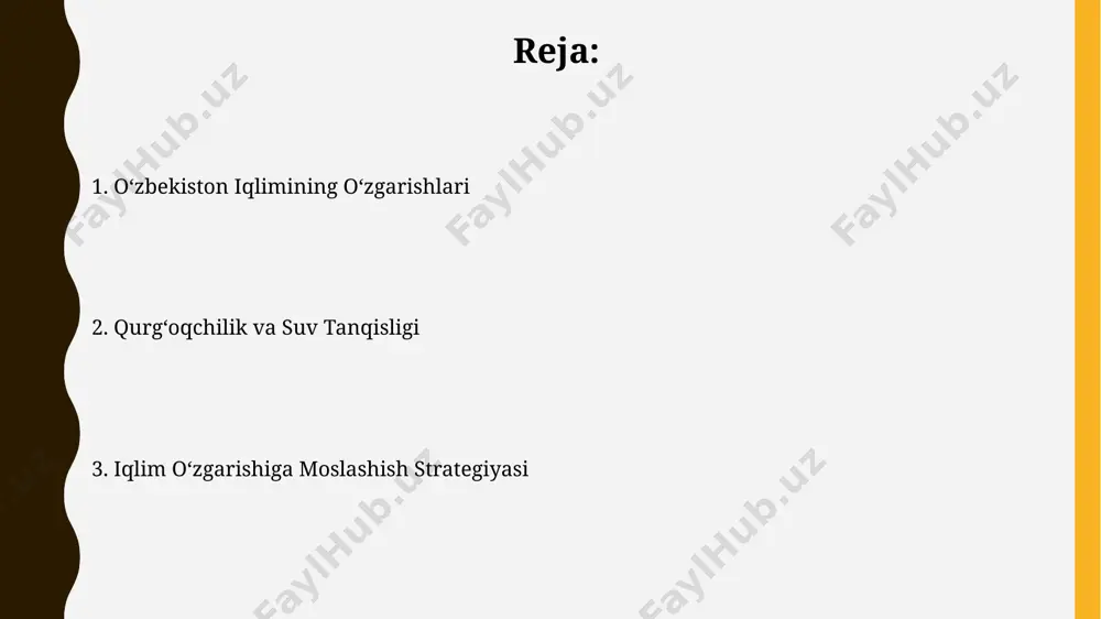 ng gektardan ortiq o'rmon maydoni yo'qolmoqda, bu esa karbon emissiyasining ko'payishiga va iqlim o'zgarishiga olib kelmoqda. tabiiy ofatlarning ko'payishi qurg'oqchilik davrlari uzayib, qishloq xo'jaligiga 15 milliard aqsh dollaridan ortiq zarar yetkazgan, bu milliy yalpi mahsulotning 5% ni tashkil etadi. 2022 yilda kuzatilgan ekstremal issiqlik to'lqinlari natijasida 300 ming gektardan ortiq dehqonchilik yerlari zarar ko'rgan, bu oziq-ovqat xavfsizligiga tahdid soladi. suv resurslarining kamayishi suv tanqisligi tufayli yer osti suvlaridan ortiqcha foydalanish natijasida yer yuzasining choʻkish xavfi, ayniqsa, qoraqalpogʻiston respublikasida sezilarli darajada kuchaygan. oʻzbekiston suv resurslarining 40% dan ortigʻi qishloq xoʻjaligiga sarflanadi, ammo samaradorlik pastligi tufayli katta miqdordagi suv behuda ketmoqda. o'zbekiston iqlimining o'zgarishiga umumiy nuqtai muzliklarning tez sur'atlarda erishi natijasida amudaryo va sirdaryo daryolari suv sathi sezilarli darajada pasayib, 15% ga kamayganligi aniqlangan. mamlakatning cho'l hududlarida yomg'ir miqdori 20% ga kamaygan, bu qurg'oqchilik xavfini oshiradi va qishloq xo'jaligiga salbiy ta'sir ko'rsatadi. qurg'oqchilik va cho'llik cho'lliklashuv jarayoni tuproqning unumdorligini 30-50% ga kamaytirib, …