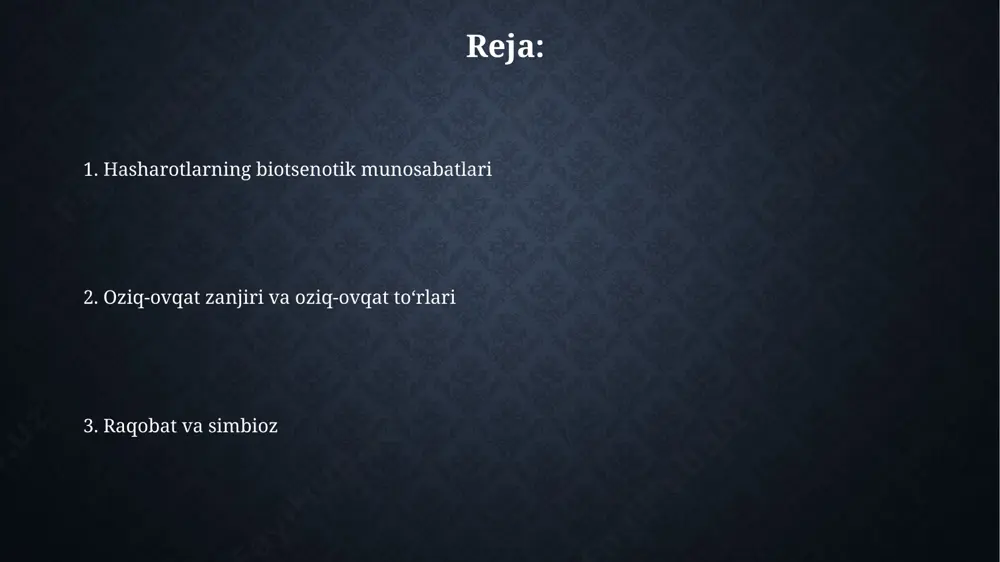 at resurslari uchun keskin raqobat kuzatiladi, bu esa populyatsiya zichligiga va turlarining taqsimlanishiga ta'sir qiladi. qoraqalpog'istonning 500 gektar maydonida o'tkazilgan tadqiqotlar shuni ko'rsatdiki, ikki xil chumoli turi o'rtasida uy qurilishi uchun mos joylar uchun kuchli raqobat mavjud bo'lib, bu ularning koloniyalari hajmini cheklaydi. mutualizm munosabatlari qirg‘iziston tog‘li hududlarida, 5000 metr balandliklarda yashovchi ayrim gul turlari va ularni changlatadigan 7 ga yaqin hasharot turi o‘zaro foydali hamkorlikda yashaydi, bu esa ikkala tur uchun ham omon qolish imkoniyatini oshiradi. o‘zbekistonning janubiy hududlarida, taxminan 15 turdagi chumolilarning 20%i shira bilan mutualistik munosabatda bo‘lib, shiradan shira ajratib, o‘z navbatida himoya ta’minlaydi. kommensalizm munosabatlari oʻzbekistonning janubiy hududlarida, xususan, qashqadaryo viloyatida, 20 dan ortiq qushlar turi turli hashoratlar bilan kommensal munosabatlarda boʻlib, ularning qoldiqlaridan foydalanadilar. markaziy osiyo sharoitida, 30 ga yaqin hashorat turi boshqa hashoratlarning uyalarida yoki inlarida parazit boʻlmagan holda, ya’ni kommensal sifatida yashaydi, ularning chiqindilaridan foydalanadi. predatsion munosabatlar oʻzbekistonning choʻl mintaqalarida, masalan, qoraqalpogʻiston respublikasida, …
