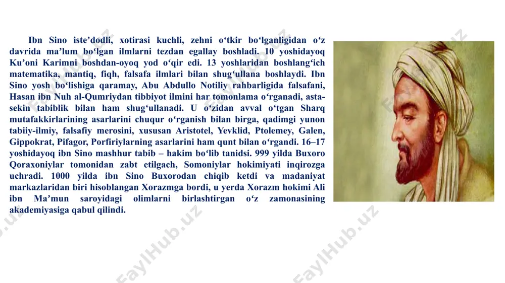 nyoqarashining shakllanishida qadimgi sharq madaniyati, yunon ilmi, falsafasi, markaziy osiyo xalqlarining mustaqillik uchun olib borgan kurashlari muhim rol oʻynadi. ibn sino tarjimai holida forobiyning “metafizika maqsadlari”, “fusus ul-hikam” kabi muhim risolalarini qunt bilan oʻrganganligi, ulardan keng foydalanganligini taʼkidlab oʻtadi. ibn sino asarlarining umumiy soni 450 dan oshadi, lekin bizgacha faqat 160 ga yaqin asari yetib kelgan, xolos. koʻp risolalari shaharma-shahar koʻchib yurish, feodal urushlari, saroy toʻpolonlari, turli falokatlar tufayli yoʻqolib ketgan. koʻp manbalarda ibn sino avvalo tabib sifatida talqin etiladi, holbuki tabobat uning ilmiy sohalari orasida eng muhimlaridan biridir, xolos. ibn sino asarlarining asosiy qismi yaqin va oʻrta sharqning oʻsha davr ilmiy tili hisoblangan arab tilida, baʼzilari fors tilida yozilgan. uning bizga maʼlum boʻlgan katta asari “kitob ush-shifo” (“shifo kitobi”) 22 jilddan iborat boʻlib, 4 ta katta boʻlimini mantiq, fizika, matematika, metafizikaga doir masalalar egallagan. uning ayrim qismlari lotin tiliga, ovroʻpodagi boshqa tillarga, sharq tillariga, shuningdek, rus, oʻzbek tillariga tarjima …