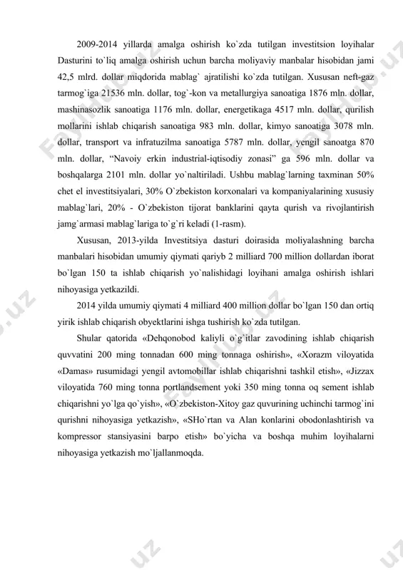 g`irot soda zavodining ikkinchi navbati bo`yicha loyihalar; · qamchiq dovonida avtomobil yo`li uchastkalarida rekonstruksiya ishlari, shuningdek, qator ko`prik va yo`lo`tkazgichlarni barpo etish bilan bog`liq loyihalar; · “maroqand - qarshi”, “qarshi - termiz” temir yo`l uchastkalarini elektrlashtirish va harakatlanadigan tarkibni modernizatsiya qilish bilan bog`liq loyihalar; · “navoiy” eiiz, “angren” va «jizzax» maxsus industrial zonalar hududlarida amalga oshirilayotgan innovatsion loyihalar va boshqalar. o`zbekiston respublikasida iqtisodiyotning ustuvor tarmoqlarini rivojlantirish siyosati mavjud mablag`lardan, vaqt va imkoniyatdan samarali foydalanish, aholi bandligini oshirish, jahon bozorida raqobatbardosh sanoat mahsulotlarini ishlab chiqarish, mamlakat eksport salohiyatini oshirish, innovatsiyalarni iqtisodiyotga joriy qilish kabi muhim ijtimoiy-iqtisodiy vazifalarni hal qilishga qaratilgan. marketing elementlari hozirgi respublikamiz hudida qadim-qadimlardan ma’lum bo`lib, u ayniqsa eramizdan oldingi ii asrdan xvi asrgacha buyuk ipak yo`li nomi bilan mashhur karvonlar o`tgan mamlakatlarda keng qo`llanilgan. bunda karvonsaroylar katta xizmat ko`rsat. ular har xil mamlakatlardan kelgan siyosatchi, ish odamlari, tadbirkorlar, savdogarlar, sutxo`r, vositachilar uchrashar, har xil iqtisodiy masalalar: ishlab chiqariladigan …