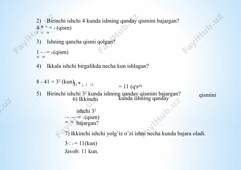 a shunday shisha bankalardan nechta tayyorlaydi? 7. ikki qutichada 18 ta konfet bor. shunday 3ta qutichada techta konfet bo’ladi? 8. 1)12kg murabboni 6ta bir xil shisha bankalarga quyishdi.shunday 8ta bankada necha kilogramm murabbo ketadi? 9. 18kg murabboni solish uchun shunday bankalardan nechtasi kerak bo’lishini bilishni talab qiladigan teskari masala tuzing va uni yeching. 10. yarim soat necha minutni tashkil etadi? uchdan bir soatchi? soatning katta mili necha minutda doirani yarmini bosib o’tadi? doiraning chorak qismichi? bu mil katta chiziqchadan ikkinchisigacha bo’lgan masofani necha minutda bosib o’tadi? 11. ikki kutichada 18 ta konfet bor. shunday uchta qutichada nechta konfet bor? (proportsional bog’lanishga doir.) 12. 4 qop kartoshkaning massasi 200 kg. 1000kg kartoshkani joylash uchun shunday qoplardan nechta kerak bo’ladi? 13. 4ta umumiy daftar uchun 680 so’m to’landi 6ta shunday daftar necha so’m turadi? 14. sahro orqali yuklar tuyada tashilgan. 8ta tuyada 3tonna yuk ortilgan.60 tonna yukni tashish uchun nechta tuya kerak …