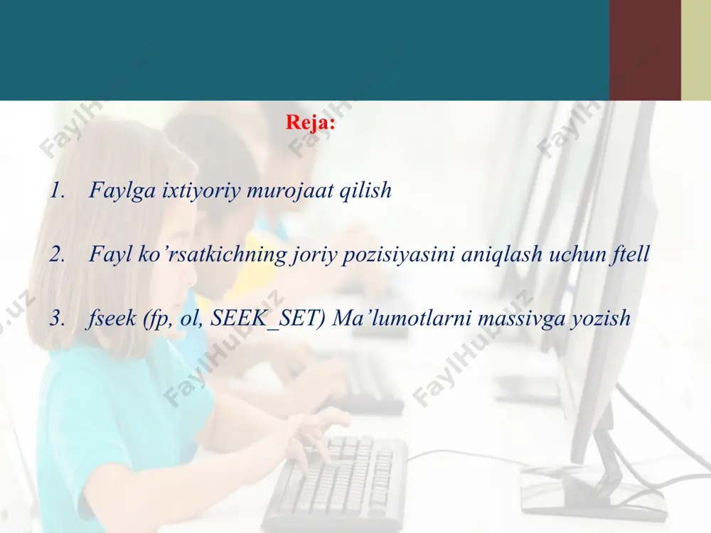 har ch; file *fp, *wp; long count, last = 0; puts("fayl nomini kiriting:\n"); wp = fopen("output.txt","w"); if ((fp = fopen("input.txt","r")) == null) { fprintf (wp, "%s", "faylni ochib bo'lmadi\n"); getch(); return 0; } * * * ma’lumotlarni massivga yozish fayldan simvollar avval to’g’ri tartibda, so’ngra teskari tartibda o’qish (davomi) while(!feof(fp)) { ch = getc(fp); putchar(ch); putchar('\n'); last++; } for (count = 1l; count >n; for (i = 0; i >k; fwrite(&k, sizeof(k), 1, f); } //fayl ko'rsatkichni satr boshiga qo'yish rewind(f); * * * misol (davomi) while (!feof(f)) // fayl oxiriga bormadimi { fread(&k, sizeof(k), 1, f); if (k % 2 ==0) { k *= 2; // fayl ko'rsatkichni sizeof(int) bayt chapga surish fseek(f, -sizeof(int), seek_cur); fwrite(&k, sizeof(int), 1, f); // fayl korsatkichni o'rnatish fseek(f, ftell(f), seek_set); } } cout fayllarni qayta ishlashni to’liq sikli while ( 1 ) { p = fgets ( s, 80, fin ); if ( …