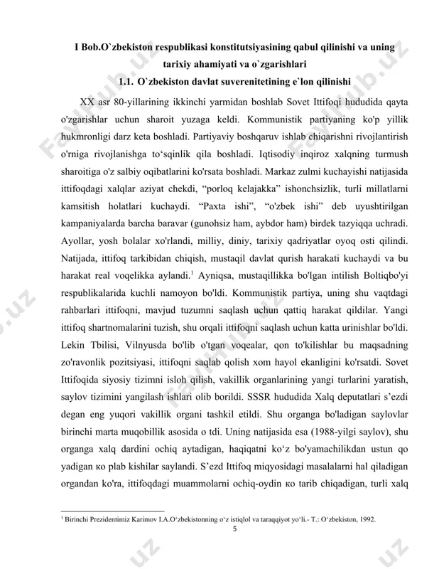 ibidan chiqqanligi e’lon qilindi, keyinchalik respublikalar mustaqilligi e’lon qilina boshladi. sovet ittifoqini saqlab qolishga bo'lgan oxirgi jiddiy urinish bu 1991-yil 19-avgustda favqulodda holat davlat qo'mitasini (fhdq) tashkil qilish bo‘ldi. m amlakatning amaldagi prezidenti kasalligi sababi ko'rsatilib. vazifasidan chetlatildi va prezident vazifasini vitseprezident egalladi. u bir guruh kishilar bilan birga fhdqga boshchilik qildi. qo'mita barcha qo'lga kiritgan yutuqlarni yo‘q qilishni maqsad qilib qo'ydi. moskvaga tank va harbiy qo'shin kiritdi. oav taqiqlandi. moskva aholisining olib borgan qattiq harakati natijasida bu favqulodda organ tezda - 21-avgustda tugadi. ittifoq markazida bo'lgan voqealar, totalitar tuzimni tiklashga, demokratik yutuqlarni yo'q qilishga bo'lgan urinishlar ittifoq respublikalarida bundan keyin qaysi yo'l bilan borish kerakligini hal qilish zarurligini kun tartibiga qo'ydi. 1991-yil 31-avgustda bo'lib o'tayotgan o'zbekiston respublikasi oliy kengashining sessiyasida o'zbekiston prezidenti islom karimov mamlakat mustaqilligini e’lon qildi.[footnoteref:2] bunday xabar ko'pchilik deputatlarni lol qoldirdi. chunki, ko'pchilik mustaqillikni orzu qilsa-da, uni ochiq bayon qila olmas edi, uning oqibati nima bo‘lishini …
