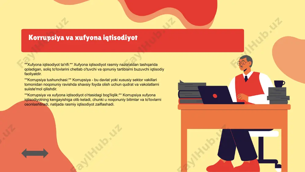 ishlar orasida korrupsiyaga qarshi dasturlarni joriy etish, davlat xizmatlarini raqamlashtirish va aholi tomonidan monitoringni kuchaytirish ko'zga tashlanadi. korrupsiyaga qarshi kurashda davlat siyosati samaradorligini oshirish uchun maxsus komissiyalar tashkil etilgan. xufyona iqtisodiyotga qarshi kurash strategiyalari ta'rif: xufyona iqtisodiyot va uning oqibatlari xufyona iqtisodiyot davlat nazoratidan chetda qolgan iqtisodiy faoliyatlarni anglatadi. bu faoliyatlar davlat budjetiga tushumlarning kamayishiga va iqtisodiy rivojlanishni sekinlashtirishga olib keladi. xufyona iqtisodiyotga qarshi kurash strategiyalarining ahamiyati bunday strategiyalar iqtisodiy o'sishni rag'batlantirish, investitsiya muhitini yaxshilash va korrupsiyani kamaytirish uchun muhimdir. strategiyalar orqali qonuniy iqtisodiy faoliyatni rag'batlantirishga va fuqarolarni qonunlarga rioya qilishga undash mumkin. o'zbekiston misolida strategiyalarni amalga oshirish o'zbekistonda xufyona iqtisodiyotga qarshi kurash strategiyalari raqamli tizimlarni joriy etish, soliq siyosatini isloh qilish va korrupsiyaga qarshi kurashish bo'yicha qonunlarni kuchaytirish orqali amalga oshirilmoqda. davlat va xususiy sektor o'rtasida hamkorlik kuchaytirilmoqda. o'zgarishlar va natijalar haqida qisqacha ma'lumotlar ushbu strategiyalar natijasida iqtisodiy faoliyatning ochiqligi oshib, davlat budjetiga qo'shimcha tushumlar kelib tushmoqda. bu esa …