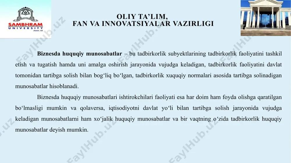 masligi mumkin. masalan, bir necha shaxslar ishtirokidagi birgalikda xoʻjalik faoliyati yuritish toʻgʻrisidagi kelishuv, chet el investori bilan qoʻshma korxona tuzish va kapitalni sarflash toʻgʻrisidagi bitimlarda kreditor va qarzdor ishtirok etmasligi mumkin yoki ishtirokchilarni majburiyat huquqiy munosabatlarga kirishgan deyish qiyin. oliy ta’lim, fan va innovatsiyalar vazirligi xoʻjalik faoliyatini amalga oshirishda vujudga keladigan munosabatlar: 1). gorizontal xoʻjalik munosabatlari 2). vertikal xoʻjalik munosabatlariga ham taalluqli boʻladi. biznesda huquqiy munosabatlarning vujudga kelish asosi sifatida yuridik faktlar muhim rol oʻynaydi yuridik faktlar deb, fuqarolik huquqi va majburiyatlarning vujudga kelishi, oʻzgarishi va bekor boʻlishiga qaratilgan harakatlar tushuniladi. yuridik faktlar toʻrt guruhga: maʼmuriy hujjatlar, yuridik hatti-harakatlar, hodisalar va boshqa harakatlarga boʻlinadi. oliy ta’lim, fan va innovatsiyalar vazirligi maʼmuriy hujjat-xoʻjalik huquqiy munosabatlarni belgilash, oʻzgartirish yoki bekor qilish toʻgʻrisida davlatning boshqaruv organlari tomonidan chiqariladigan huquqiy hujjatlardir. misol: davlat tasarrufidagi korxonalarni xususiy mulkka aylantirishda kim oshdi savdosi orqali yutib chiqqan shaxsga shu mulkka egalik huquqini beradigan davlat dalolatnomasi (order), yoki …