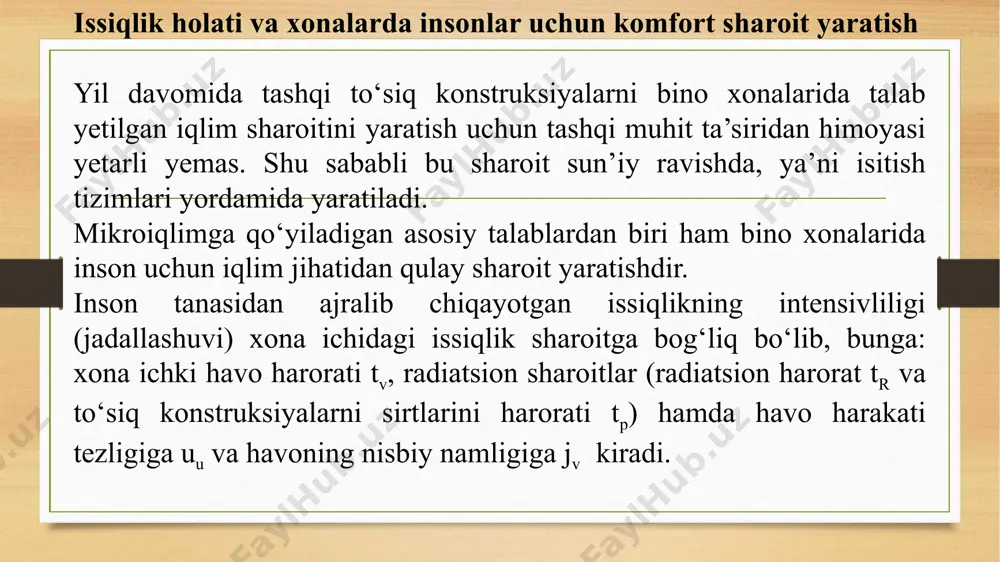 mat issiqlik berish koeffitsienti deyiladi. konstruksiya ichki sirtining issiqlik berish koeffitsienti ai bilan belgilanib quyidagi ifodadan topiladi konstruksiya tashqi sirtining issiqlik berish koeffitsienti at bilan ifodalanib, quyidagi formuladan topiladi issiqlik miqdorining konstruksiya ichki sirtiga yoki tashqi sirtidan havoga o‘tishi issiqlik nurlanishi va konveksiya orqali amalga oshadi. demak, issiqlik berish koeffitsienti, issiqlik nurlanishi va konveksiya orqali issiqlik berish koeffitsientlari yig‘indisiga teng. xonaning issiqlik balansi isitish tizimlari bino xonalarida kishi uchun komfort bo‘lgan va texnologik jarayon talablariga javob beradigan haroratli vaziyatni yaratishga mo‘ljallangandir. kishi organizmi ajratadigan issiqlik atrof-muxitga shunday berilishi kerakki, unda kishi o‘zida sovub yoki isib ketish alomatlarini sezishi kerak emas. teri va o‘pka sirtlaridan bug‘lanishga sarflanadigan issiqlik bilan bir qatorda, badan sirtidan issiqlik konveksiya va nurlanish orqali beriladi. konveksiya orqali issiqlik berilishining jadalligi asosan atrofdagi havoning harorati va harakatlanuvchanligi bilan, nurlanish orqali esa-xona ichiga qarab turgan to‘siq sirtlarining harorati bilan aniqlanadi. xonadagi haroratli vaziyat isitish tizimining issiqlik quvvatiga, shuningdek isitish …