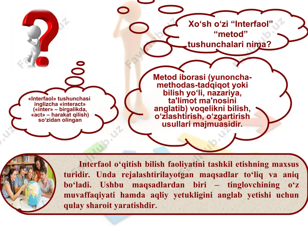 asturi asosida biron bo‘lim o‘rganib bo‘lingach qo‘llanilasa maqsadga muvofiqdir. o‘quvchilarni mustaqil fikrlash dars jarayonida egallagan bilimlari asosida vaziyatni baholashga shu bilan birga kommunikativ va milliy va umuminsoniy qadriyatlarga ega bo‘lish kompetensiyalar elementlarini shakllantiradi. fsmu men milliy qadriyatlarni qo‘llab quvvatlayman. fikr sabab misol umumlashtirish milliy qadriyatlar insonni o‘zligini anglatadi til – millat ko‘zgusidir. milliy qadriyatlar bizning tariximizdan shuning uchun ham miliy qadriyatlarni qo‘llab quvvatlayman “fikr-sabab-misol-umumlashtirish” masalan: milliy qadriyatlarning jamiyatga ta'siri haqida ma'lumot bering. fsmu men milliy qadriyatlarni qo‘llab quvvatlayman. fikr sabab misol umumlashtirish milliy qadriyatlar insonni o‘zligini anglatadi til – millat ko‘zgusidir. milliy qadriyatlar bizning tariximizdan shuning uchun ham miliy qadriyatlarni qo‘llab quvvatlayman “fikr-sabab-misol-umumlashtirish” masalan: milliy qadriyatlarning jamiyatga ta'siri haqida ma'lumot bering. o‘quvchilarni darslik, qo‘shimcha manbalarni o‘qishga, bilmaganlarini o‘rganishga harakat qilishlariga yordam beradi. o‘quvchilarni darsga faol qatnashishlarini ta'minlaydi bu metodni qo‘llashda o‘qituvchi avvaldan qaysi mavzu yoki savolni shu metod yordamida o‘rganishni aniqlashi zaruar o‘rganilgan mavzu bo‘yicha savollar va ularning javoblarini, darslikdagi …