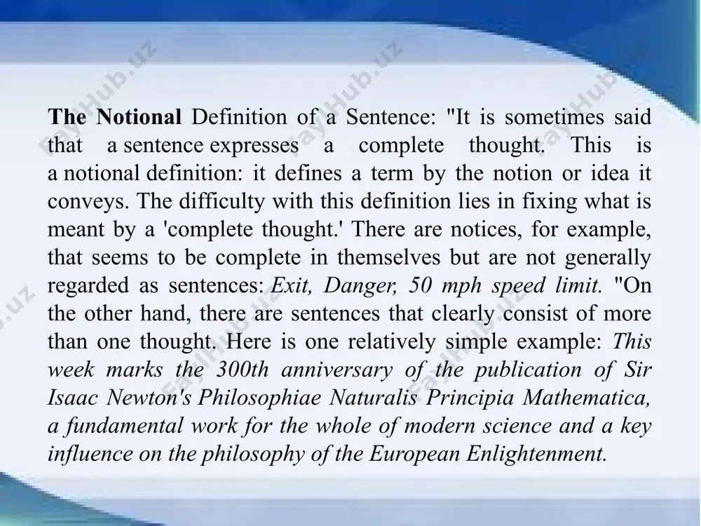 ht. a sentence is not only a means of communicating something about reality but also a means of showing the speaker's attitude to it. in any act of communication there are three factors: 1. the act of speech; 2. the speaker; 3. reality (as viewed by the speaker). b. khaimovich and rogovskaya state that these factors are variable since they change with every act of speech. they may be viewed from two viewpoints: 1) from the point of view of language are constant because they are found in all acts of communication; 2) they are variable because they change in every act of speech. every act of communication contains the notions of time, person, and reality. the events mentioned in the communications are correlated in time and time correlation is expressed by certain grammatical and lexical means. any act of communication presupposes the existence of the speaker and the hearer. …