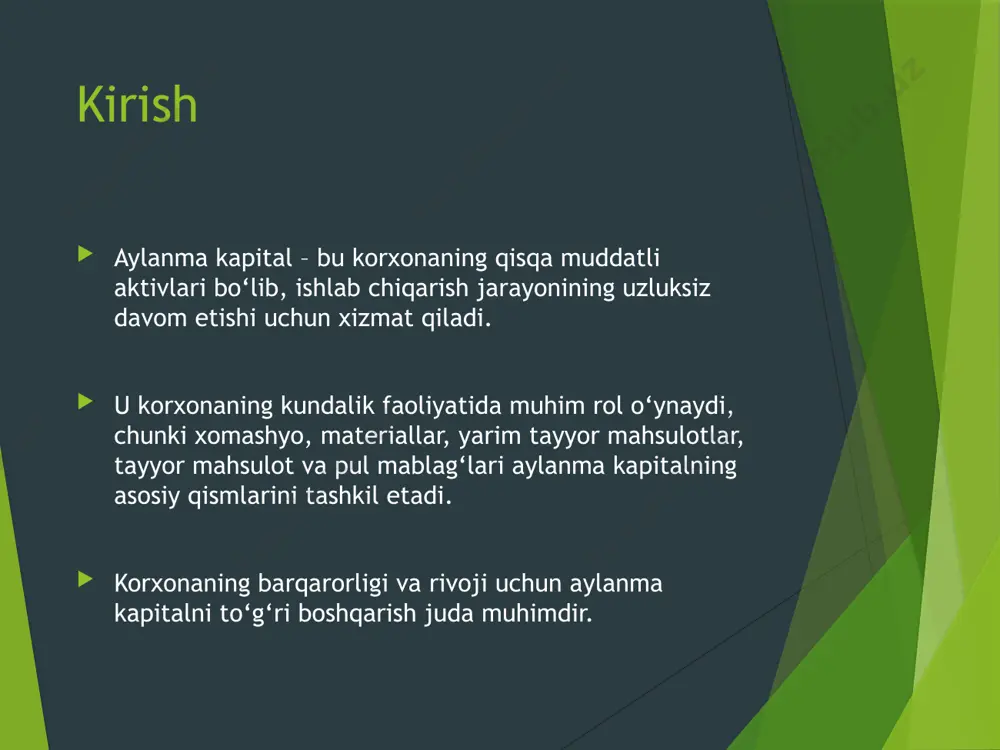 oliyatining moliyaviy barqarorligini ta’minlashda muhim ahamiyatga ega. aylanma kapitalning samarali boshqaruvi aylanma kapitalni samarali boshqarish quyidagilarni o‘z ichiga oladi: - mablag‘lardan tejamkorlik bilan foydalanish - aktivlarni oqilona taqsimlash - likvidlikni ta’minlash - to‘lov qobiliyatini nazorat qilish agar kapital to‘g‘ri boshqarilmasa, korxona moliyaviy qiyinchiliklarga duch kelishi mumkin. aylanma kapital yetishmovchiligi va muammolar agar korxonada aylanma kapital yetarli bo‘lmasa, quyidagi muammolar yuzaga kelishi mumkin: - ishlab chiqarish jarayonining to‘xtab qolishi - moliyaviy xavf-xatarlarning kuchayishi - qarzdorlik va to‘lov qobiliyati muammolari - foyda kamayishi shuning uchun aylanma kapitalni doimiy monitoring qilish zarur. aylanma kapitalni boshqarishda zamonaviy yondashuvlar zamonaviy korxonalarda aylanma kapitalni boshqarishda quyidagi yondashuvlar qo‘llaniladi: - moliyaviy ko‘rsatkichlar asosida tahlil (likvidlik koeffitsiyentlari, rentabellik) - innovatsion boshqaruv usullaridan foydalanish - raqamli texnologiyalar yordamida monitoring qilish - moliyaviy risklarni kamaytirish strategiyalari bu yondashuvlar korxona barqaror rivojlanishini ta’minlaydi. amaliy misol (mini-case study) misol: "x" korxonasi bir oy davomida quyidagi aylanma kapital aylanishiga ega: - pul mablag‘lari: …