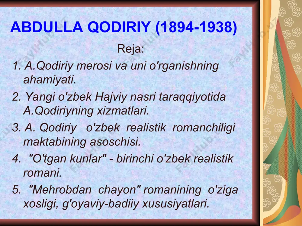 qizi rahbaroy bilan turmush qurib, undan ikki o'g'il, ikki qiz ko'radi, ya'ni nafiza, adiba, habibullo, ma'sudlar bilan osuda hayot kechiradi. yosh yozuvchining ilk ijodiy faoliyati ham shu davrga 1913-1914 yilarga to'g'ri keladi. u shu kezlarda chiqib turgan "sadoi turkiston", "samarqand". "oyna" kabi gazeta va jurnallar bilan muntazam tanishib borib, o'zi ham keyinchalik ularga kichik-kichik xabar va maqolalar yozib turadi. (aslini olganda abdulla mazkur gazeta va jurnallarni boyning qaramog'idan olib o'qib turadi). a.qodiriy ham ko'pchilik yozuvchilar singari ilk ijodida she'riyatga qiziqadi. uning 1915 yilda "oyna" jurnalida e'lon qilingan "axvolimiz", "millatimga", "to'y" kabi she'rlarini bunga misol qilib keltirish mumkin. muallifning mazkur she'rlari va ayniqsa, "juvonboz" hikoyasi, "baxtsiz kuyov" fojiasi , bevosita behbudiyning "padarkush" fojiasiga taqpidan yozilgan bomib, ularda jaholatga, ma'rifatsizlikka qarshi kurash va xalqni ilmga, madaniyatga chaqirish ustun keladi. xususan, muallif jadidchilik ruhi bilan sug'orilgan "axvolimiz", "millatimga11 she'rlarida eski yaramas odatlarga: ichkilikbozlik, foxishabozlil qimorbozlik, bedanabozlik kabi illatlarni qattiq qoralab, g'aflatda qolgan millatni …