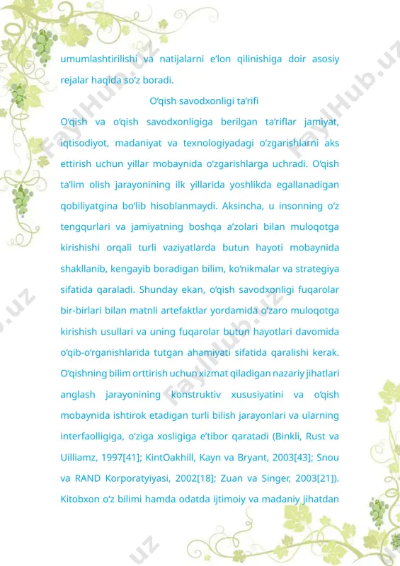 alanib, matndan anglashilgan ma’noni tushunib oladi . matn ustida ishlash jarayoni 2018-yilgi o‘qish jarayonlari tipologiyasi rovon o‘qish jarayonini matn ko‘rinishidagi ma’lumotlarni o‘qib-tushunish bilan bog‘liq bo‘lgan boshqa jarayonlardan ajratilgan holda ko‘rsatiladi. rovon o‘qish rovon o‘qish o‘quvchining matnning umumiy ma’nosini tushunishda matnlar va so‘zlarni qayta tahlil va talqin qilish va so‘zlarni va matnlarni to‘g‘ri va bir tekisda o‘qiy olish qobiliyati sifatida ifodalanishi mumkin (kuyn va shtal, 2003[58]). boshqacha qilib aytganda, rovonlik o‘qilayotgan ma’lumotni to‘liq tushunish uchun ularni osonlik va samarali o‘qish demkdir. o‘qib-tushunish va oson va samarali o‘qish orasida bog‘liqlik bor ekanini ko‘rsatuvchi qator dalillar mavjud .mazkur bog‘liqlikni tushuntirib beradigan asosiy psixologik mexanizm matnni oson va samarali o‘qish matnlarni sintaktik tahlil qilish, shifrlash va so‘zlarni tushunish ko‘nikmalarini yuqori darajada egallash bilan bog‘liq ekanini ko‘rsatadi. rovon o‘qish inson diqqat-e’tiborini va xotiradagi ma’lumotlarni bo‘shatib, bu yuqori saviyada o‘qib-tushunish jarayonlariga yo‘l ochadi. aksincha, o‘qish rovonligining sayozligi tushunilishi kerak bo‘lgan resurslarni (ma’lumotlarni) bosma matnni qayta ishlash …