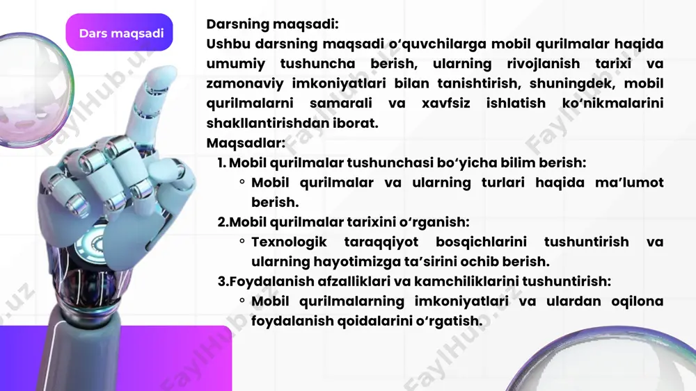 r. internetga ulanish – veb-saytlarga kirish, elektron pochta va ijtimoiy tarmoqlar. multimedia – surat va video olish, musiqa tinglash, o‘yin o‘ynash. gps va navigatsiya – harakat yo‘nalishini aniqlash va kuzatish. ish faoliyati – hujjatlarni ko‘rish va tahrirlash, elektron pochta orqali ishlash. ta’lim va rivojlanish – onlayn kurslar, kitob o‘qish, yangi bilim olish. studio shodwe e ’ tiboringiz uchun raxmat. image1.png image2.svg image2.png image3.png image4.png /docprops/thumbnail.jpeg