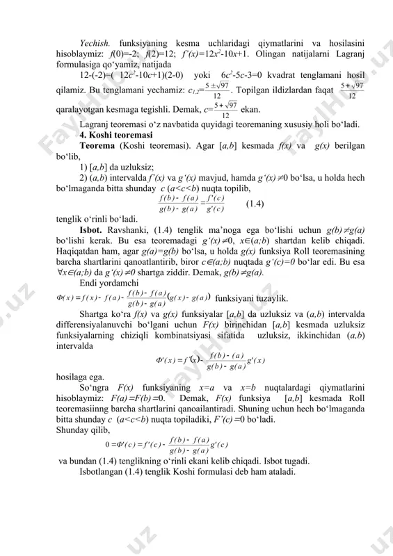 +b1(x-x0) (3.1) ko‘phad mavjud bo‘lib, x(x0 da f(x)=p1(x)+o(x-x0) bo‘ladi. shuningdek, bu ko‘phad p1(x0)=f(x0), p1’(x0)=b=f’(x0) shartlarni ham qanoatlantiradi. endi umumiyroq masalani qaraylik. agar x=x0 nuqtaning biror atrofida aniqlangan y=f(x) funksiya shu nuqtada f’(x), f’’(x), ..., f(n)(x) hosilalarga ega bo‘lsa, u holda f(x)=pn(x)+o(x-x0) (3.2) shartni qanoatlantiradigan darajasi n dan katta bo‘lmagan pn(x) ko‘phad mavjudmi? bunday ko‘phadni pn(x)=b0+b1(x-x0)+b2(x-x0)2+ ... +bn(x-x0)n, (3.3) ko‘rinishda izlaymiz. noma’lum bo‘lgan b0, b1, b2, ..., bn koeffitsientlarni topishda pn(x0)=f(x0), pn’(x0)=f’(x0), pn’’(x0)=f’’(x0), ..., pn(n)(x0)=f(n)(x0) (3.4) shartlardan foydalanamiz. avval pn(x) ko‘phadning hosilalarini topamiz: pn’(x)=b1+2b2(x-x0)+3b3(x-x0)2+ ... +nbn(x-x0)n-1, pn’’(x)=2(1b2+3(2b3(x-x0)+ ... +n((n-1)bn(x-x0)n-2, pn’’’(x)=3(2(1b3+ ... +n((n-1)((n-2)bn(x-x0)n-3, . . . . . . . . . . . . . . . . . . . . . . . . . . . . . . . . . . , pn(n)(x)=n((n-1)((n-2)(...(2(1bn. yuqorida olingan tengliklar va (3.3) tenglikning har ikkala tomoniga x o‘rniga x0 ni qo‘yib barcha b0, b1, b2, ..., bn koeffitsientlar qiymatlarini topamiz: …