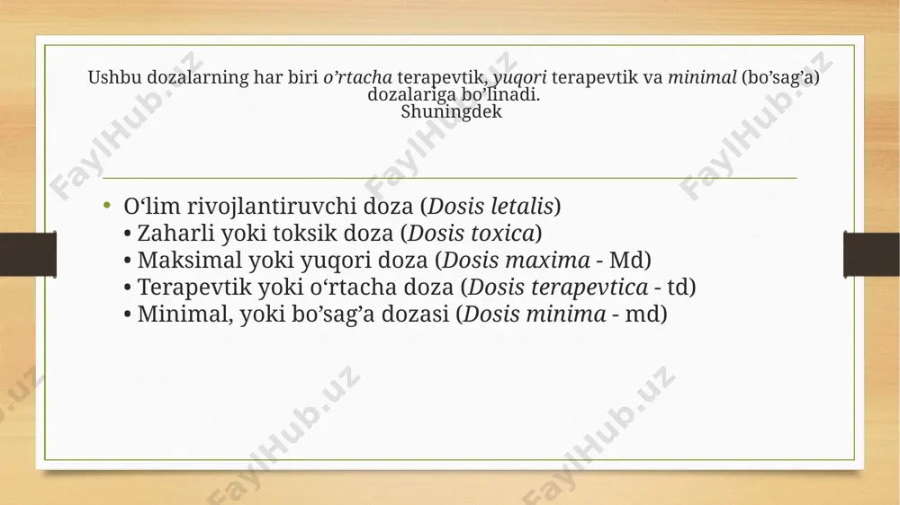 rkibi. u quyidagilardan iborat: remedium basis dori tarkibidagi asosiy ta’sir etuvchi modda; rp.: natrii benzoatis 3,6 remedium adjuvans yordamchi vosita bo’lib, asosiy moddaning ta’sirini kuchaytiradi; liquoris ammonii anisati 3 ml remedium corrigens asosiy moddaning ta’mi va hidini to’g’irlaydi; sirupi simplicis 60 ml remedium constituens doriga ma’lum shakl beradigan modda. “adjuvans” va “corrigens” aquae destillatae ad 180 ml 8 | 17 reseptdagi muhim qisqartmalar farmakopeyaga kiritilgan dori moddalar – ofisinal (officina - dorixona) dorilar, unga kiritilmagan, shifokorning ko’rsatmasiga binoan dorixonalarda tayyorlanadigan dori vositalari magistral dorilar (magister - o`qituvchi) deb ataladi. a ro’yxatiga (zaharli – venena) buyurilishi, qo’llanilishi, dozalanishi va saqlanishi zaharlilik bilan bog'liq ravishda yuqori darajada ehtiyotkorlik bilan amalga oshirilishi lozim bo'lgan dorilar kiritilgan. ushbu ro'yxat asosan qaramlikka sabab bo’ladigan dorilarni o'z ichiga oladi. b ro'yxati (kuchli ta’sir qiluvchi – heroica) tibbiy nazoratsiz qo’llanilganida yuzaga kelishi mumkin bo'lgan asoratlar tufayli buyurilishi, ishlatilishi, dozalanishi va saqlanishi ehtiyotkorlik bilan tibbiy nazorat ostida amalga …