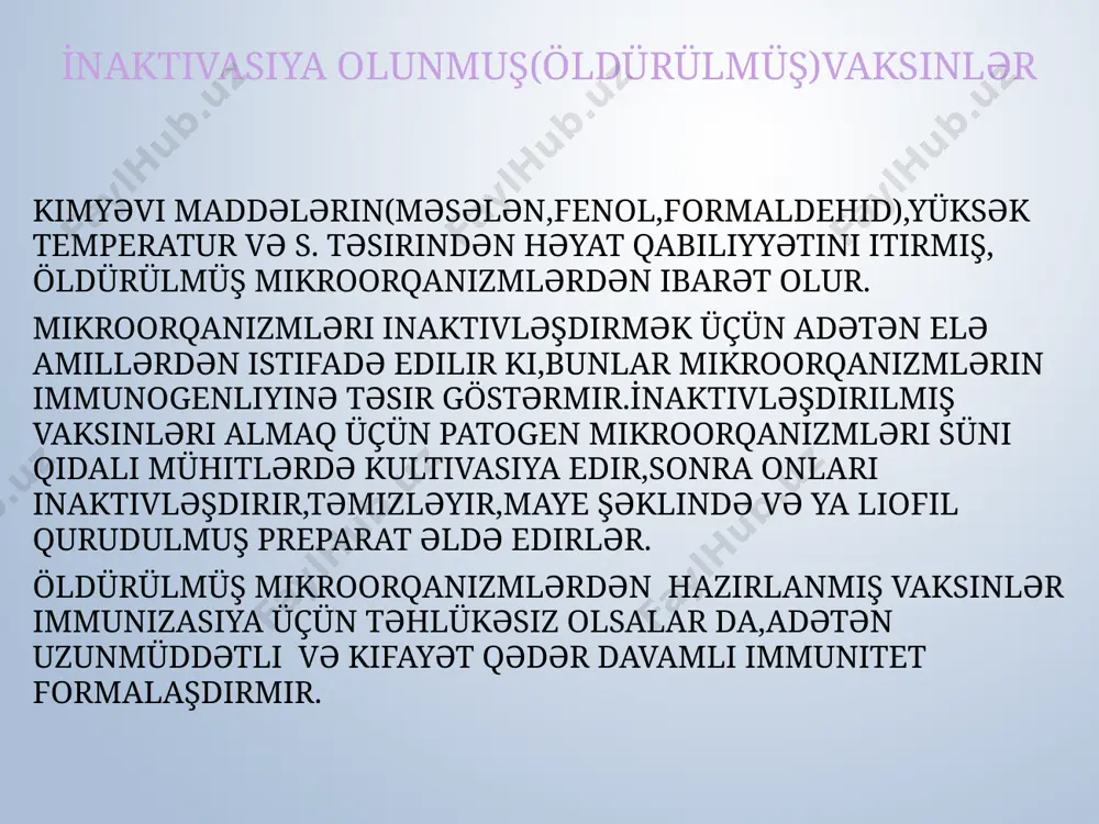 orqanizmdə uzun müddət saxlanmasını təmin edir ki,bu da immun sistemə təsir müddətini artırır. adyuvantlar üzvi(aqar,qliserol,protaminlər və s.) və qeyri-üzvi(alüminium və kalsium fosfatları,kalsium xlorid və s.)ola bilər.hazırda bəzi adyuvantlar daha çox istifadə olunur: 1.freyndin natamam adyuvantı-tərkibində vazelin yağı,lanolin və emulqator olan sulu-yağlı emulsiyadır.antigeni depolaşdırmaqla faqositlər tərəfindən tutulmasını gücləndirir. 2.freyndin tam adyuvantı-natamam adyuvantın tərkibindəkilərdən əlavə olaraq bcg və ya muramil peptid vardır.bu,makrofaqları aktivləşdirməyə və t-hüceyrələri kostimullaşdırmağa imkan verir. 3.alüminium hidroksid-yüksək sorbsiya qabiliyyətinə görə antigenləri depolaşdırır və faqositozu gücləndirir. geniş istifadə edilən vaksinlər:bakterial və təmizlənmiş protein vaksinləri 1.bordotella pertussis vaksini-öldürülmüş mikroorqanizmlərdən hazırlanır,3 aylıqdan başlayaraq bütün uşaqlarda difteriya və tetanus anatoksinləri ilə birlikdə istifadə olunur. 2.bacillus anthracis vaksini-bu mikroblardan alınmış,təmizlənmiş «protektiv antigen»dir.o,peşə ilə əlaqəli risk qrupundan olan şəxslərə təyin edilir. 3.vibrio cholerae vaksini-öldürülmüş mikroblardan ibarətdir. vəba endemiyası olan regionlara səyahət edənlər üçün təyin edilir. 4.vərəm əleyhinə vaksin-mycobaterium bovis bcg ştammından ibarətdir.bütün insanlara həyatın ilk günlərində təyin edilir. 5.q-qızdırması əleyhinə vaksin-risk qrupundan olan şəxslərə, coxiella …