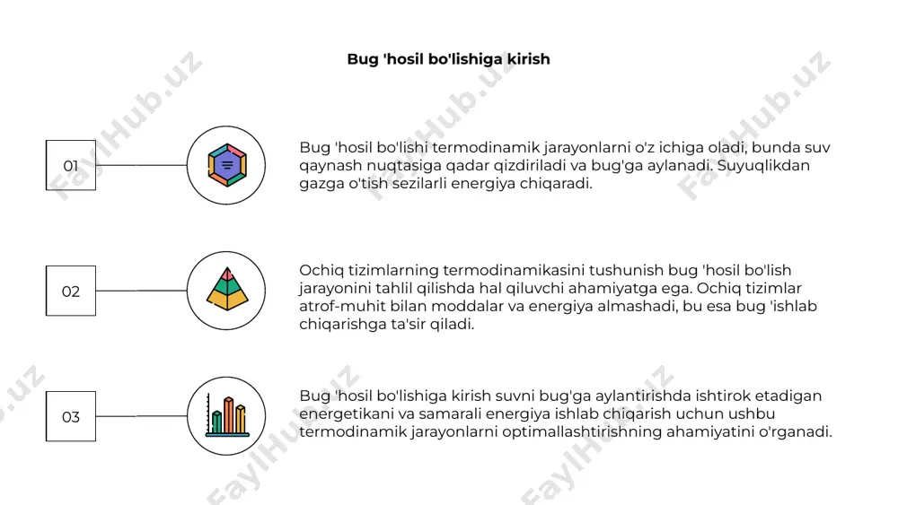 amikasini tushunish bug' hosil bo'lishini optimallashtirish uchun zarurdir. 02 ochiq tizimlarda termodinamika tamoyillarini qo'llash orqali muhandislar va tadqiqotchilar bug' hosil qilish jarayonlarining samaradorligi va barqarorligini oshirishlari mumkin. bu bug'ga asoslangan tizimlarning ish faoliyatini yaxshilash uchun energiya va issiqlik uzatish kontseptsiyalaridan foydalanishni o'z ichiga oladi. 03 bundan tashqari, ochiq tizimlarda termodinamikani o'rganish elektr stantsiyalari va sanoat ob'ektlarida muhim rol o'ynaydigan bug 'turbinalari va issiqlik almashinuvchilari kabi innovatsion dasturlarni ishlab chiqishga imkon beradi. ushbu ilovalar ochiq tizimlarda termodinamikaning amaliy ahamiyatini ta'kidlaydi. e’tiboringiz uchun rahmat
