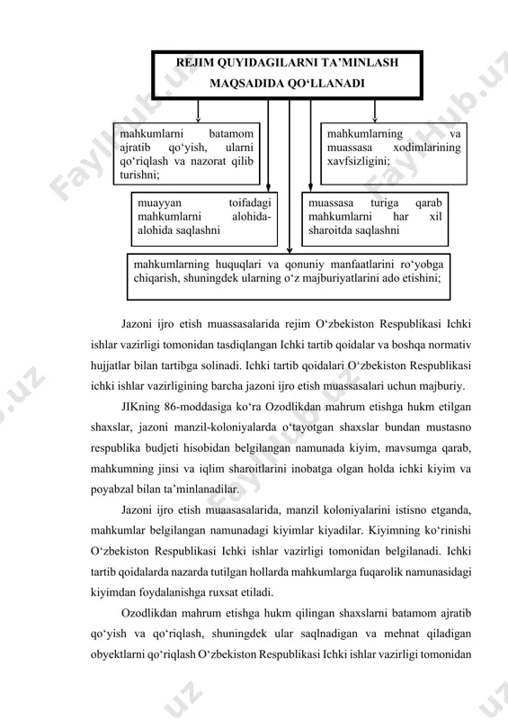 umlarni nazorat va tekshirishning texnikaviy vositalari qo‘llanilayotganligidan xabardor etishi shart. nazorat va tekshirishning texnikaviy vositalari ro‘yxati, ulardan foydalanish tartibi o‘zbekiston respublikasi ichki ishlar vazirligi tomonidan belgilanadi. ozodlikdan mahrum etishga hukm qilingan shaxslarga o‘z yonida saqlashga ruxsat etilgan narsalar va buyumlar ro‘yxati o‘zbekiston respublikasi ichki ishlar vazirligi tomonidan belgilanadi. mahkumlar yonidan topilgan, foydalanishga ruxsat etilmagan narsalar va buyumlar muassasa boshlig‘i qaroriga binoan olib qo‘yiladi hamda mahkum ozod bo‘lgunga qadar saqlash uchun topshiriladi yoki yo‘q qilib tashlanadi yohud davlat foydasiga o‘tkaziladi va bu haqda tegishli hujjat tuziladi. narsalar va buyumlarni davlat foydasiga o‘tkazish to‘g‘risidagi qaror prokuror tomonidan tasdiqlanadi. olib qo‘yilgan pullar va qimmatli ashyolar ularni olib qo‘ygan mansabdor shaxsning dalolatnomasi yoki raporti bo‘yicha uzog‘i bilan bir sutkalik muddat ichida muassasa boshlig‘ining navbatchi yordamchisi tomonidan kassaga yoki buxgalteriyaga topshiriladi. ularning hisobini yuritish mahkumlardan olib qo‘yilgan pullar va qimmatliklar daftarida qayd etiladi, daftar muassasaning navbatchilik xizmati tomonidan yuritiladi. nazorat xizmatini o‘tash samaradorligi ustidan nazorat …
